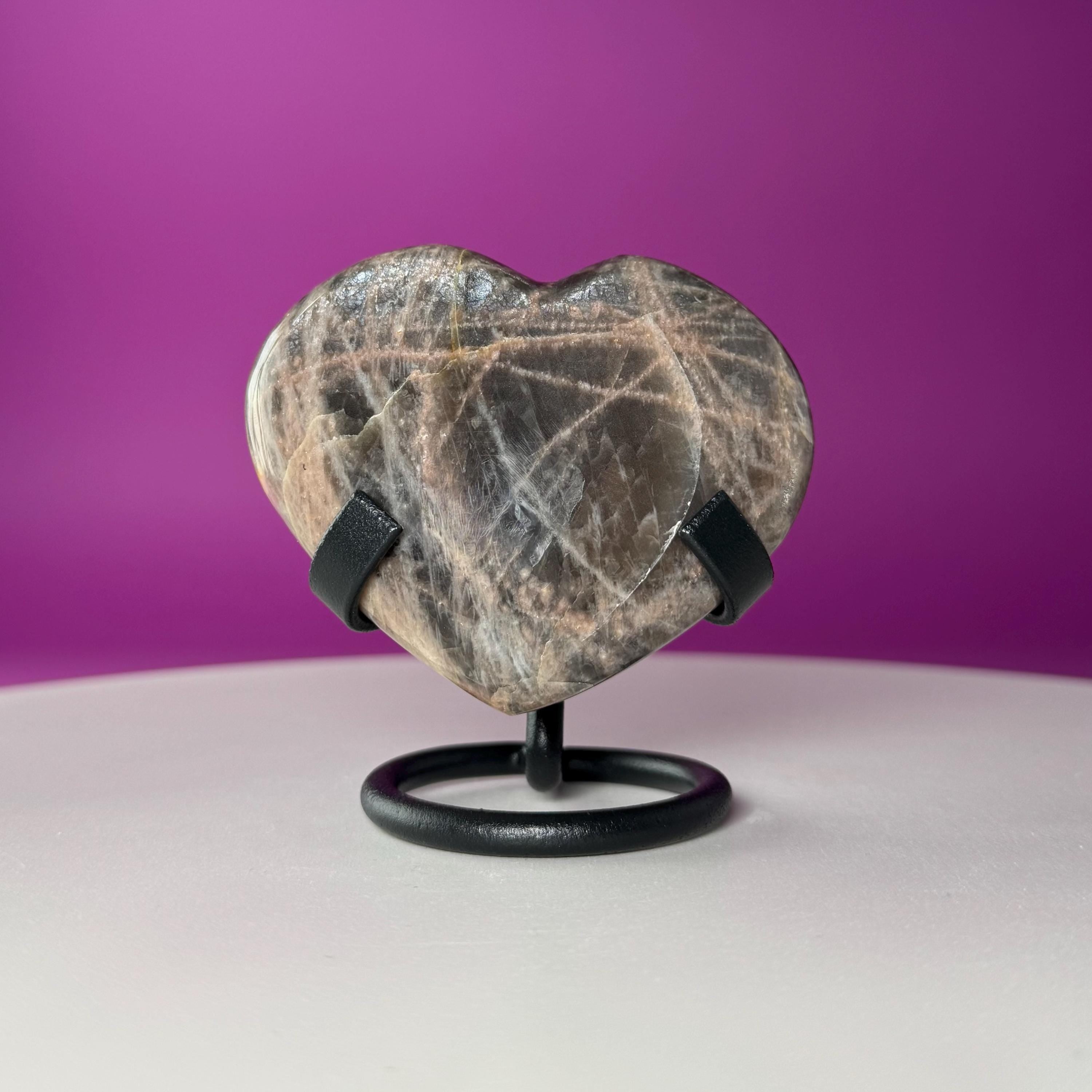 Black Moonstone Heart Carving with Black Metal Stand | Intuition & Protection Crystal