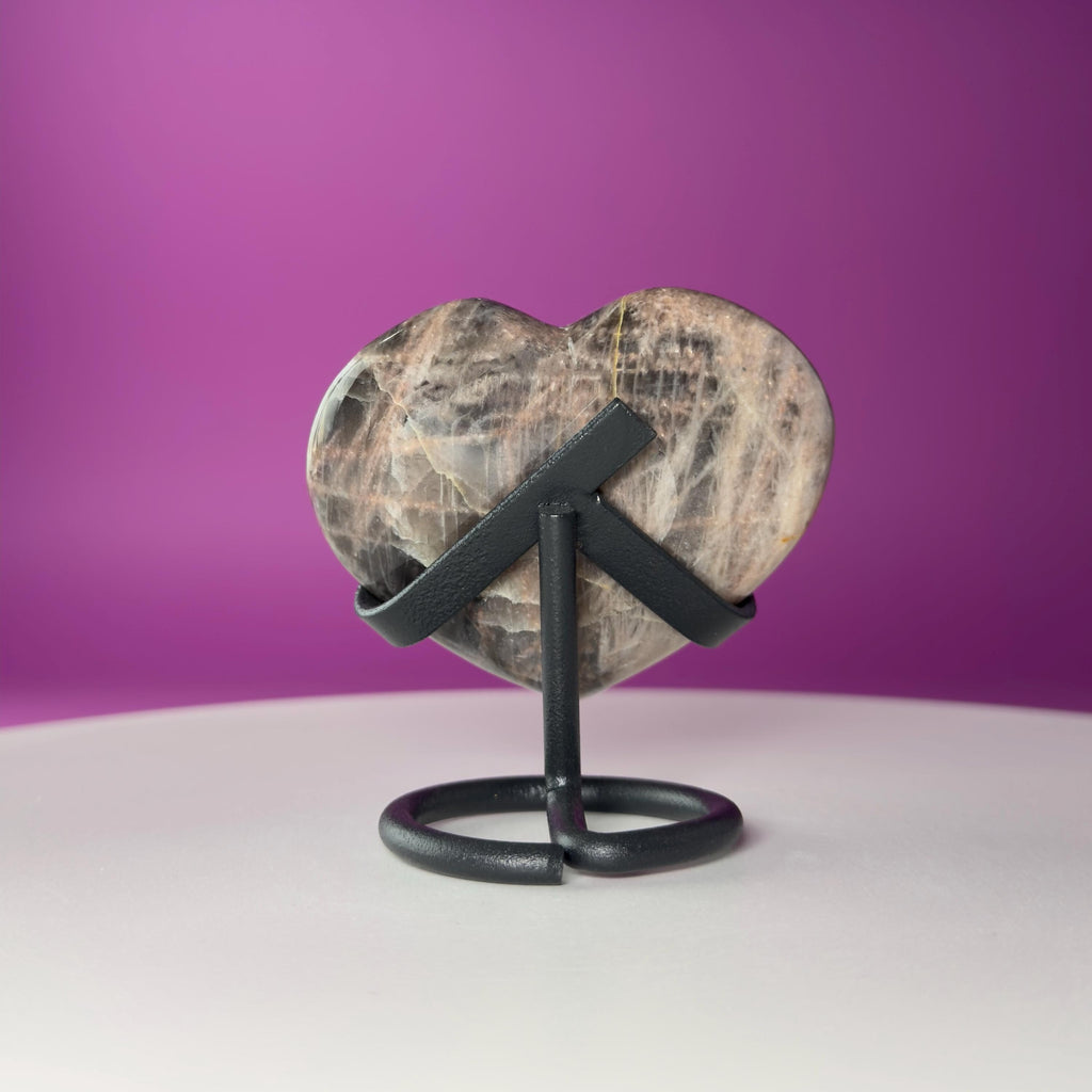 Black Moonstone Heart Carving with Black Metal Stand | Intuition & Protection Crystal