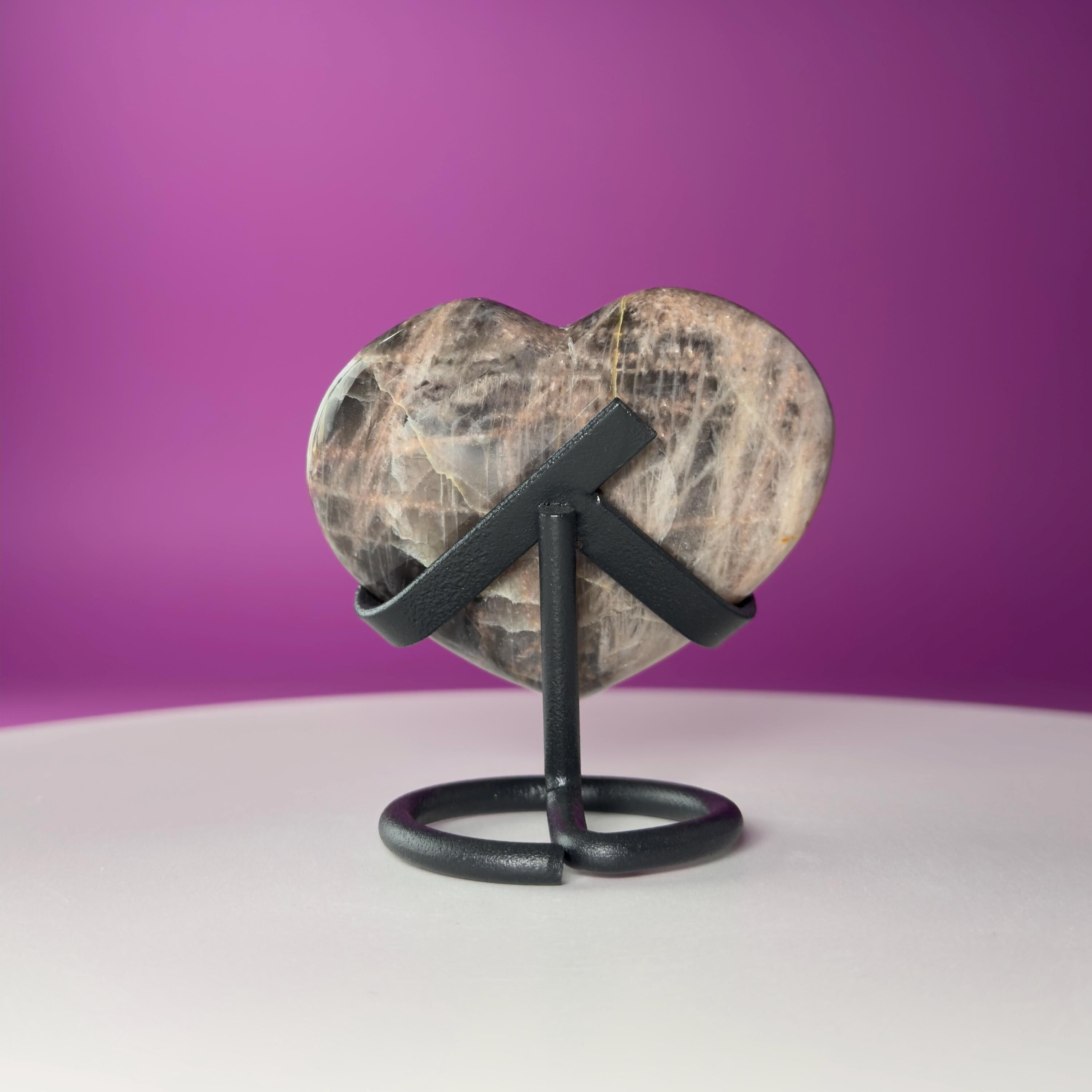 Black Moonstone Heart Carving with Black Metal Stand | Intuition & Protection Crystal