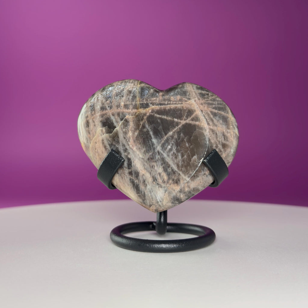 Black Moonstone Heart Carving with Black Metal Stand | Intuition & Protection Crystal