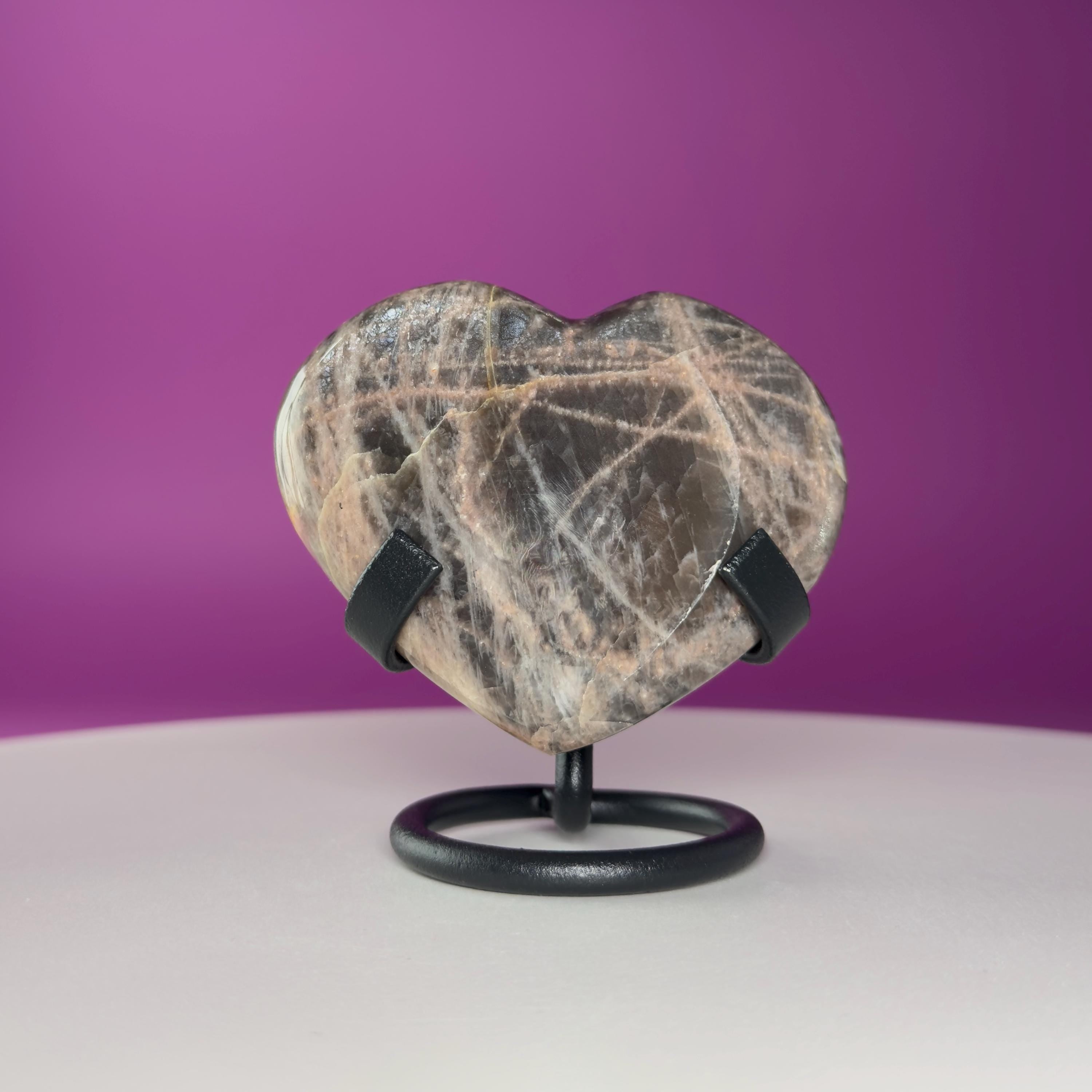 Black Moonstone Heart Carving with Black Metal Stand | Intuition & Protection Crystal