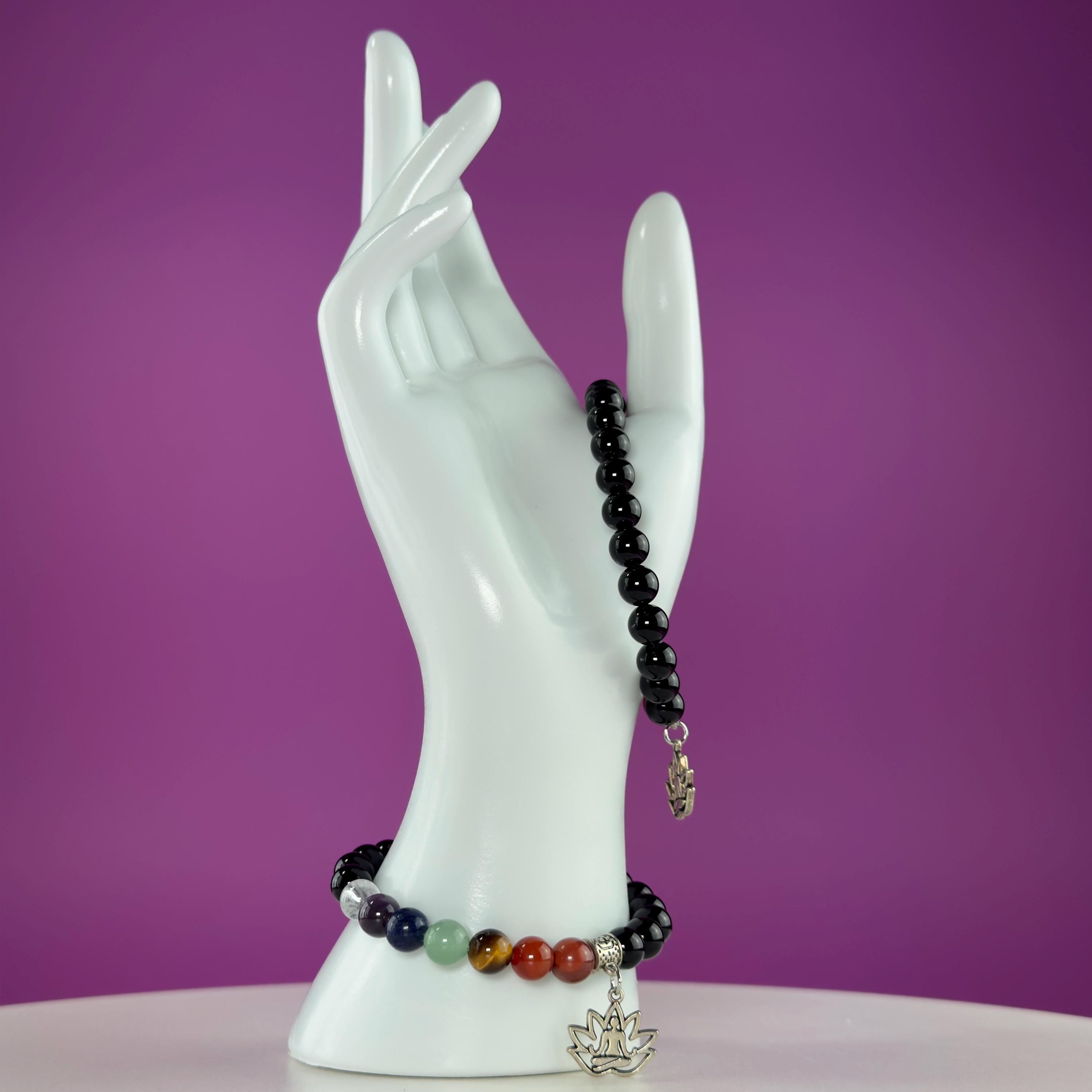 Black Obsidian 7 Chakra Bracelet 8mm | Healing Crystal Lotus Charm Bracelet
