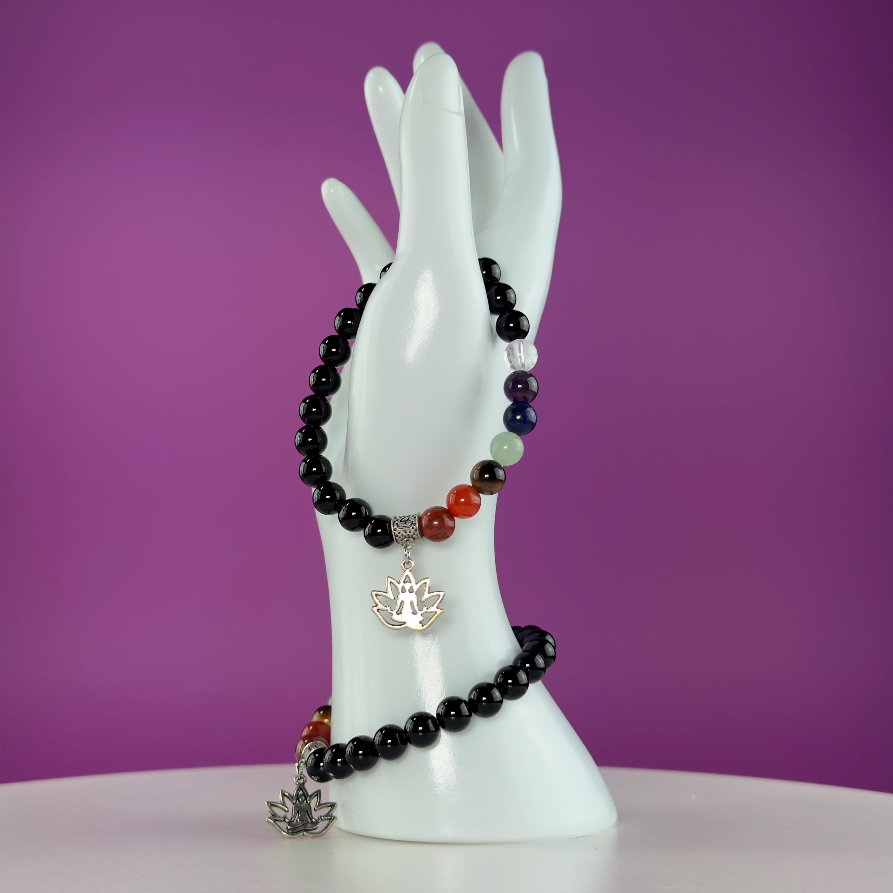 Black Obsidian 7 Chakra Bracelet 8mm | Healing Crystal Lotus Charm Bracelet