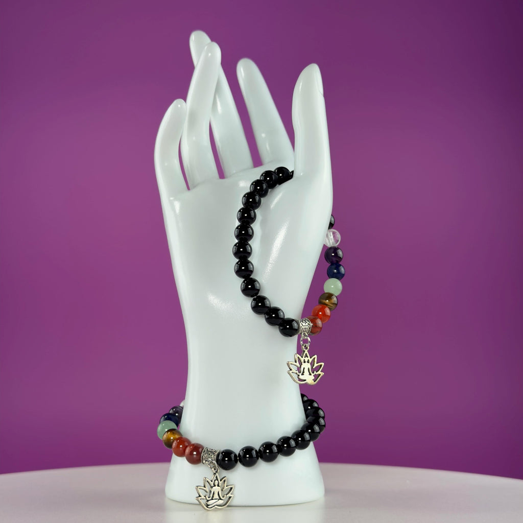 Black Obsidian 7 Chakra Bracelet 8mm | Healing Crystal Lotus Charm Bracelet