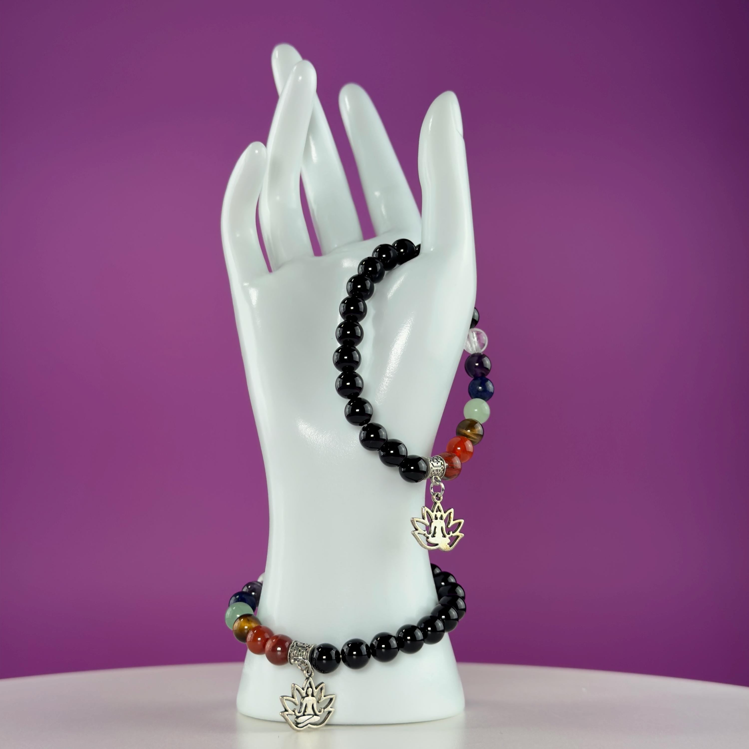 Black Obsidian 7 Chakra Bracelet 8mm | Healing Crystal Lotus Charm Bracelet