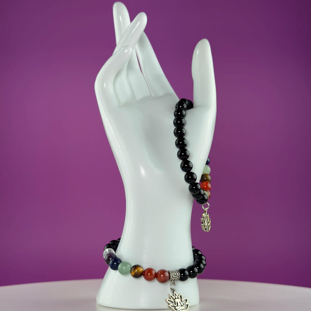 Black Obsidian 7 Chakra Bracelet 8mm | Healing Crystal Lotus Charm Bracelet