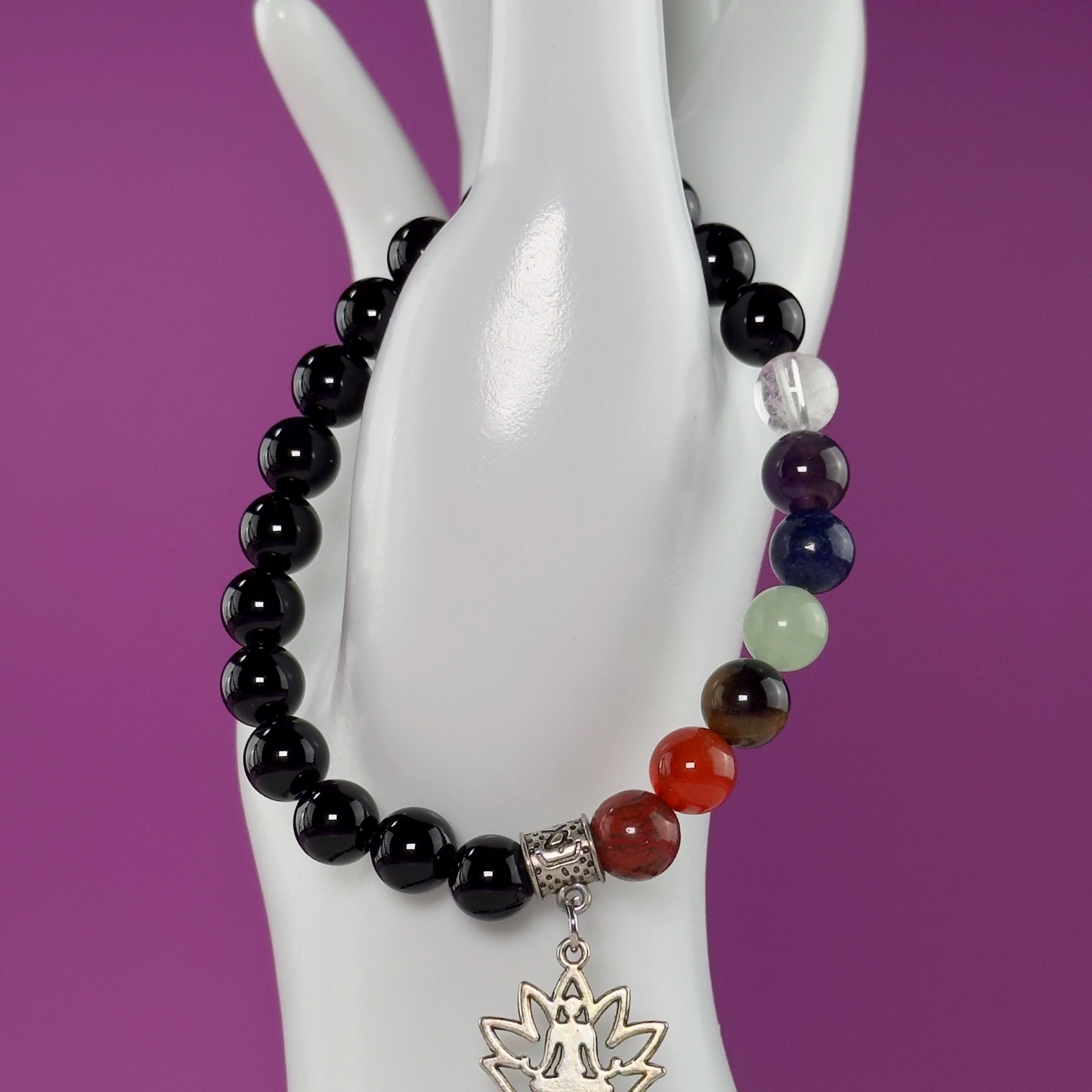 Black Obsidian 7 Chakra Bracelet 8mm | Healing Crystal Lotus Charm Bracelet