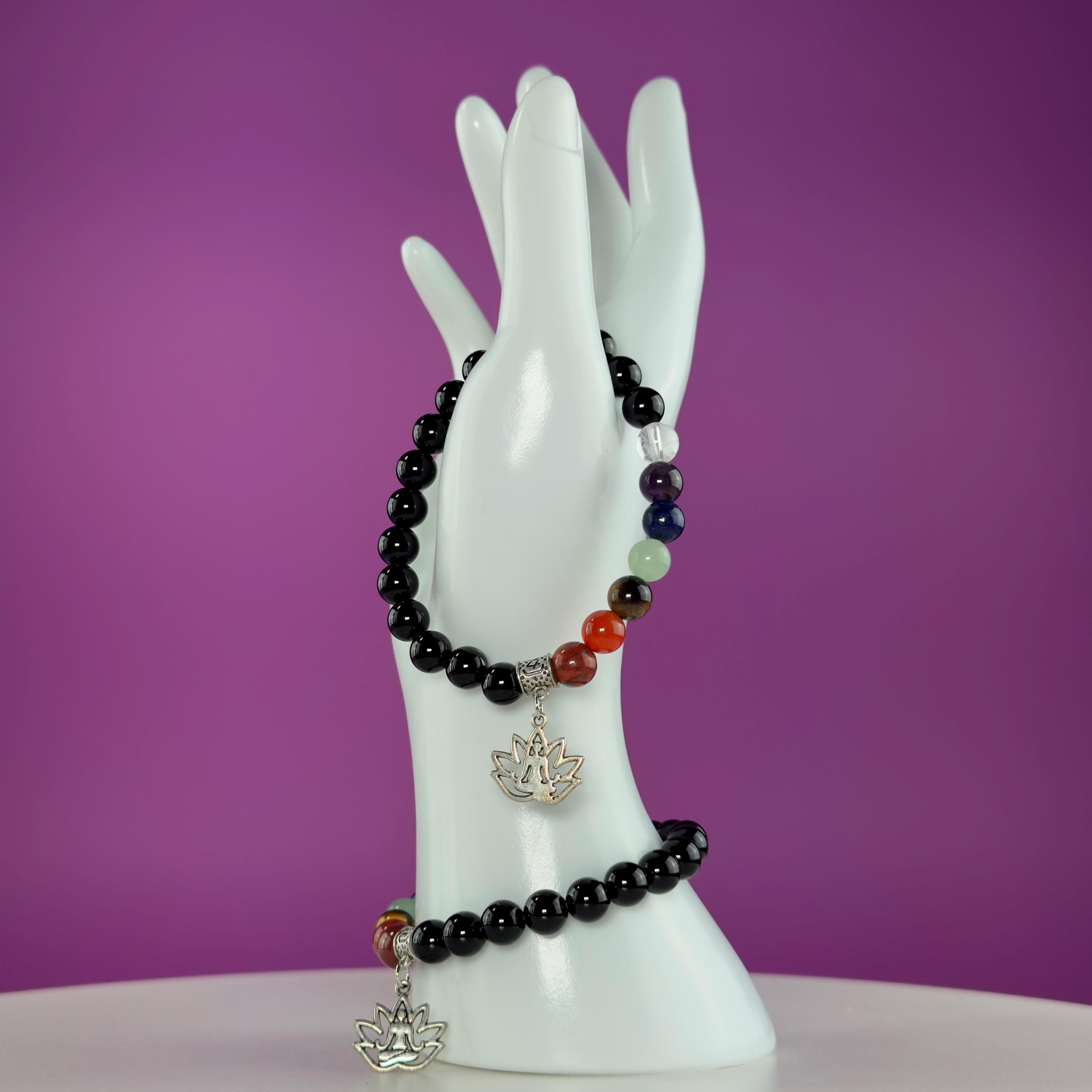 Black Obsidian 7 Chakra Bracelet 8mm | Healing Crystal Lotus Charm Bracelet