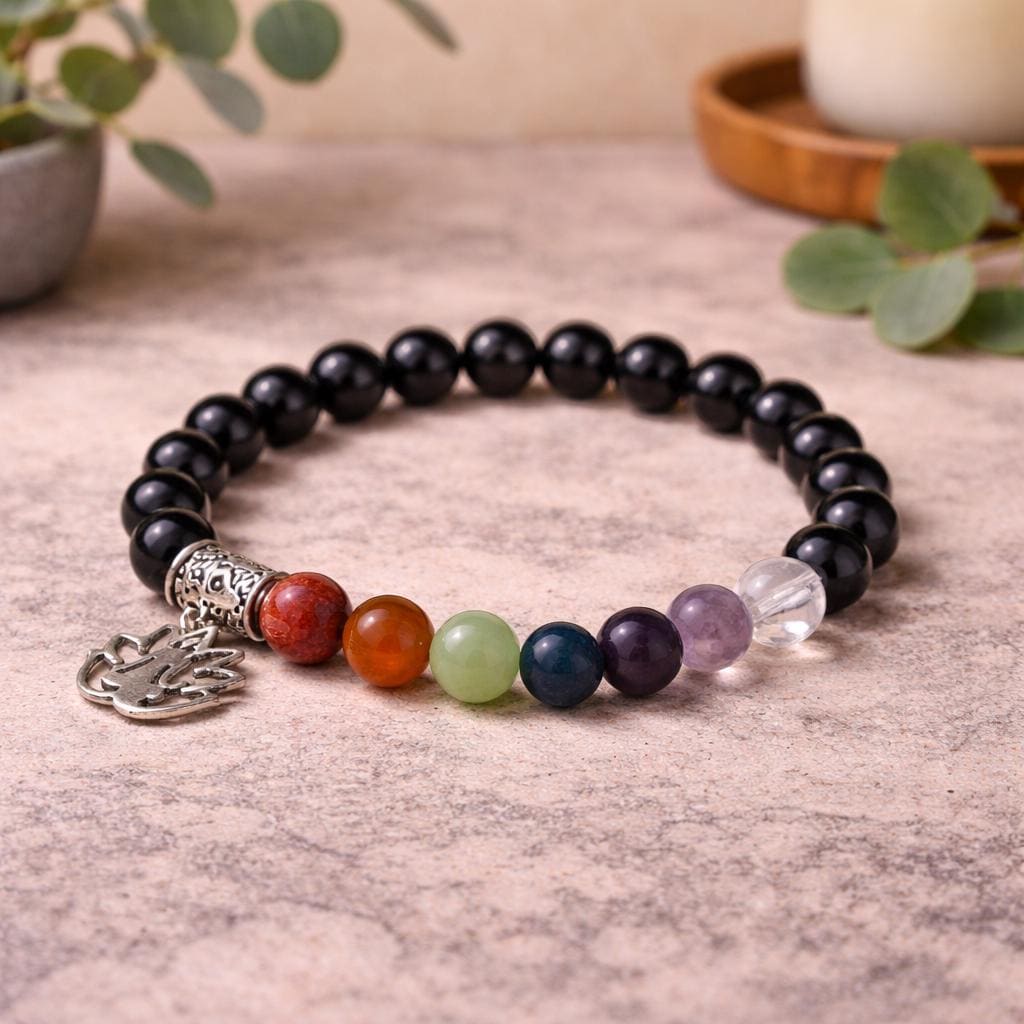 Black Obsidian 7 Chakra Bracelet 8mm | Healing Crystal Lotus Charm Bracelet