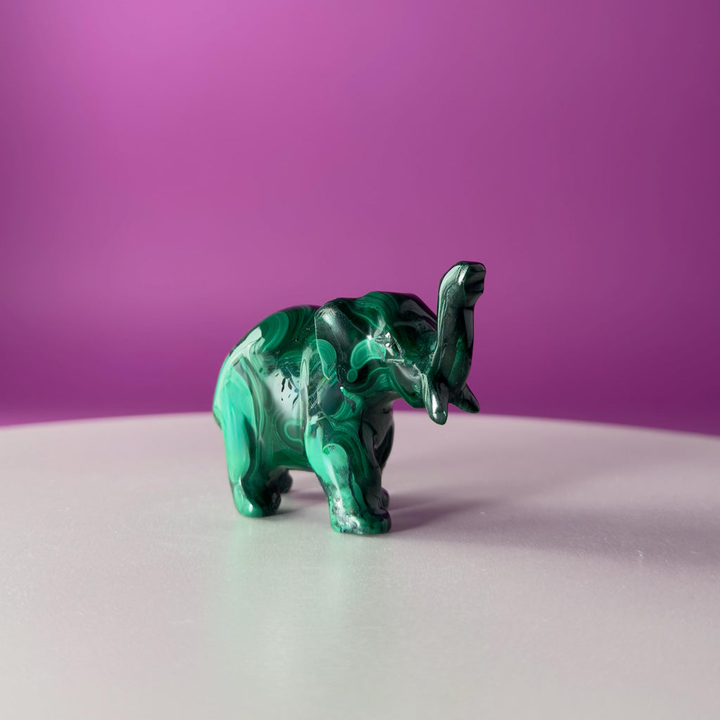 Malachite Elephant Carving from Congo – Green Malachite Crystal Elephant Statue
