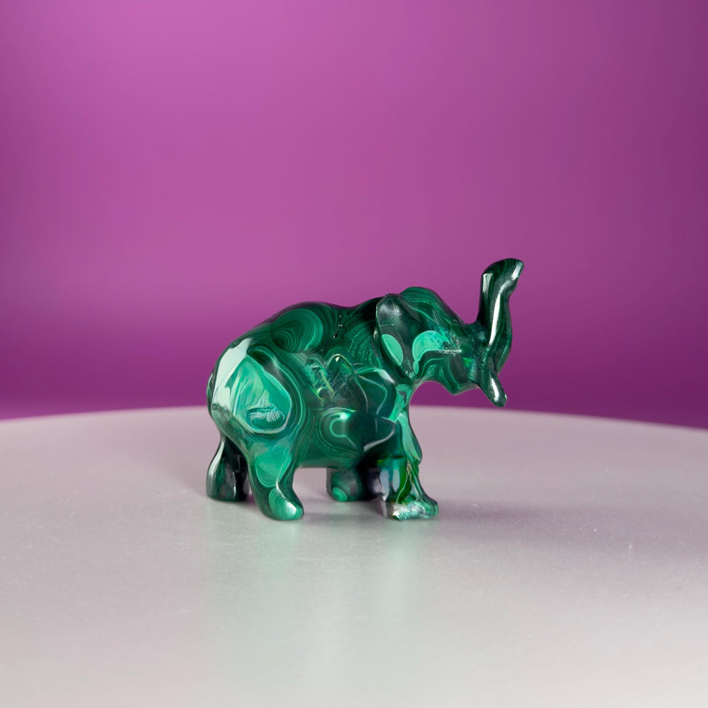 Malachite Elephant Carving from Congo – Green Malachite Crystal Elephant Statue
