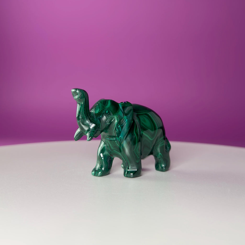 Malachite Elephant Carving from Congo – Green Malachite Crystal Elephant Statue