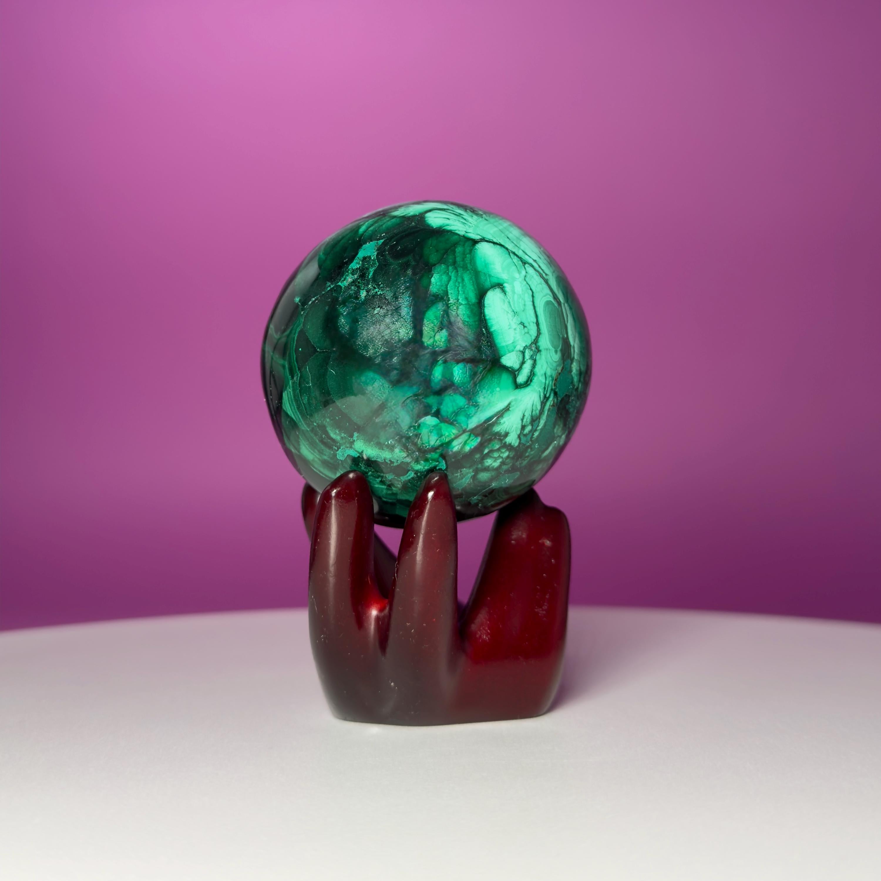 Malachite Crystal Sphere with Hand Stand – Natural Malachite Display