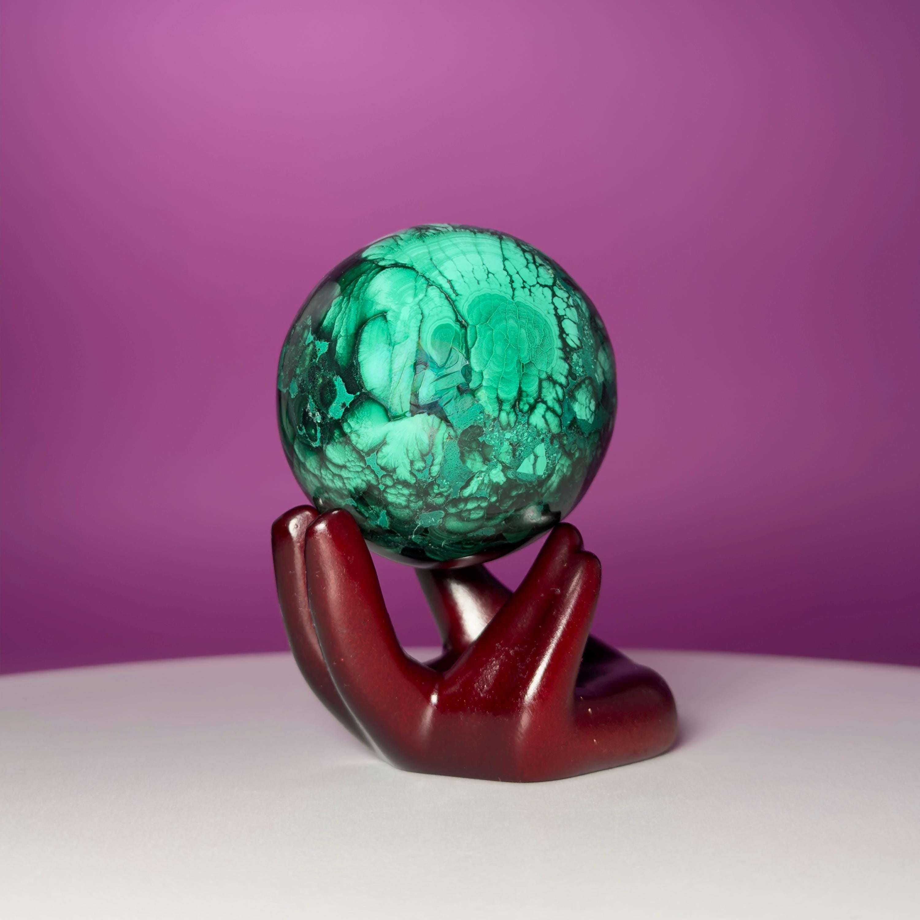 Malachite Crystal Sphere with Hand Stand – Natural Malachite Display