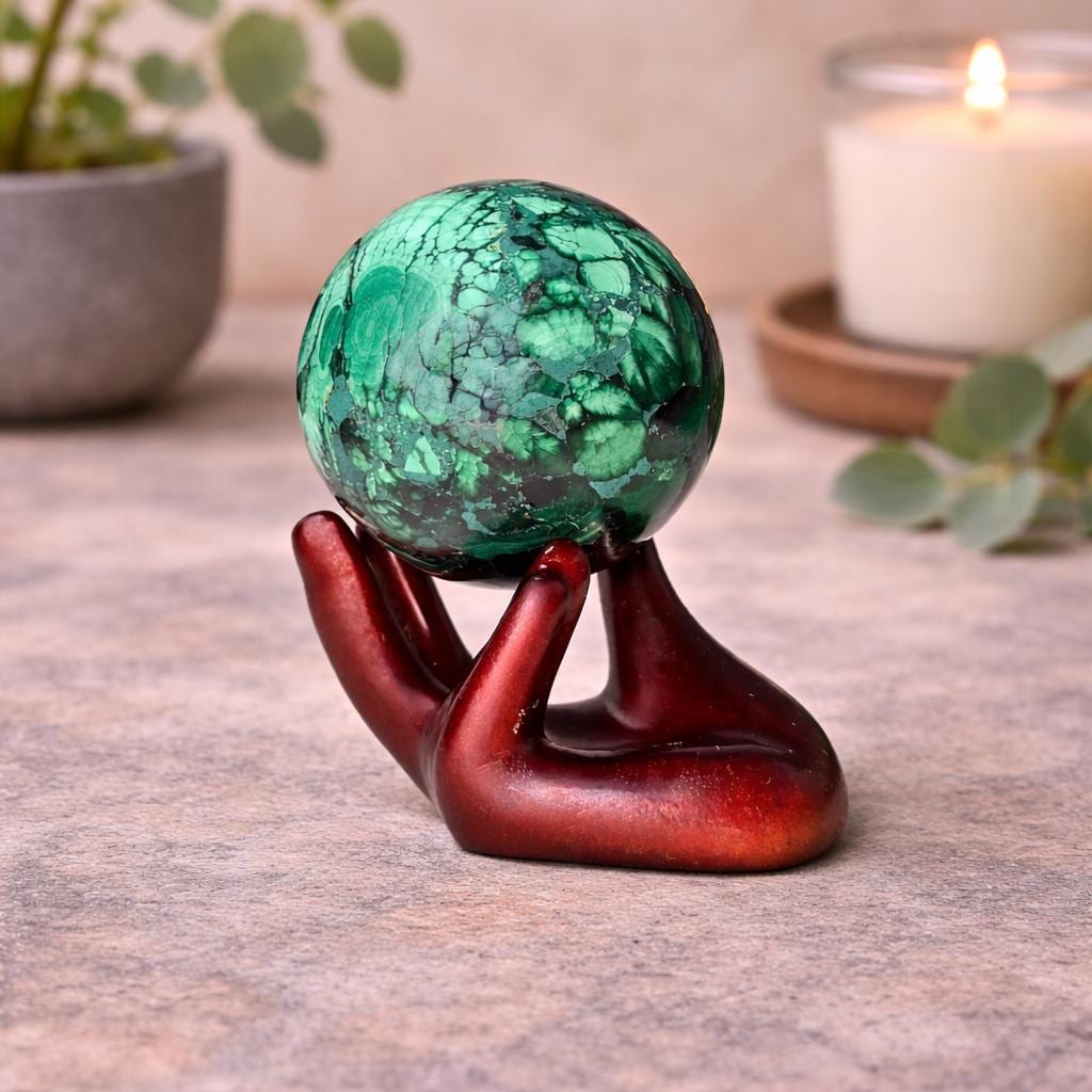 Malachite Crystal Sphere with Hand Stand – Natural Malachite Display