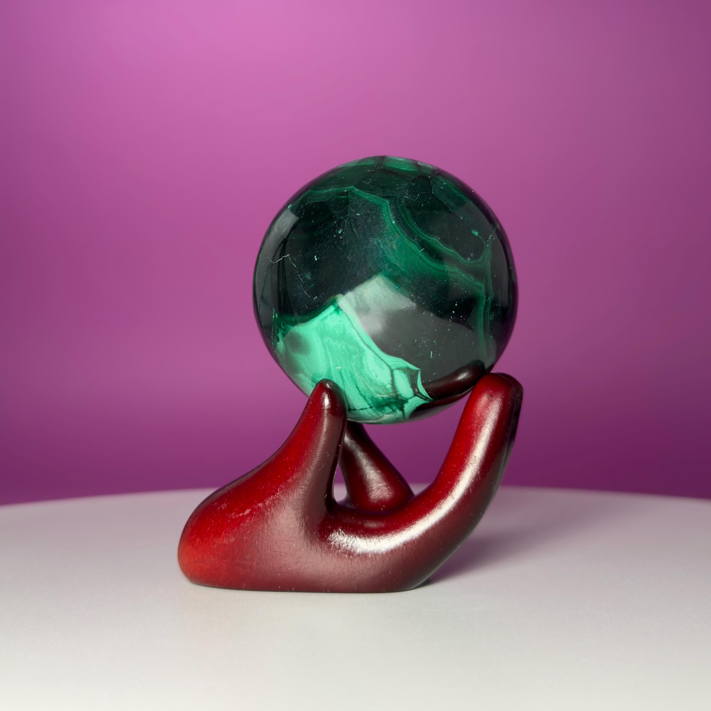 Malachite Crystal Sphere with Hand Stand – Natural Malachite Display