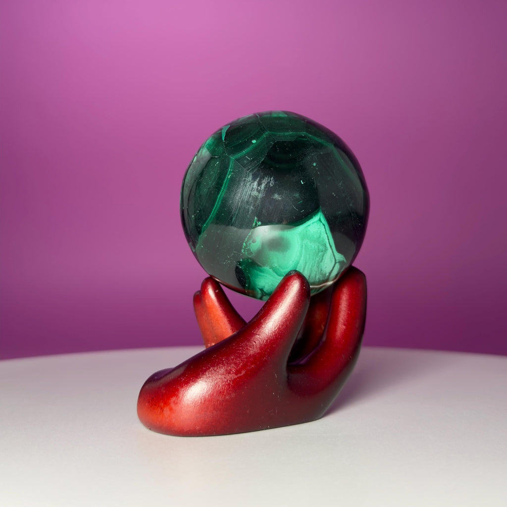 Malachite Crystal Sphere with Hand Stand – Natural Malachite Display