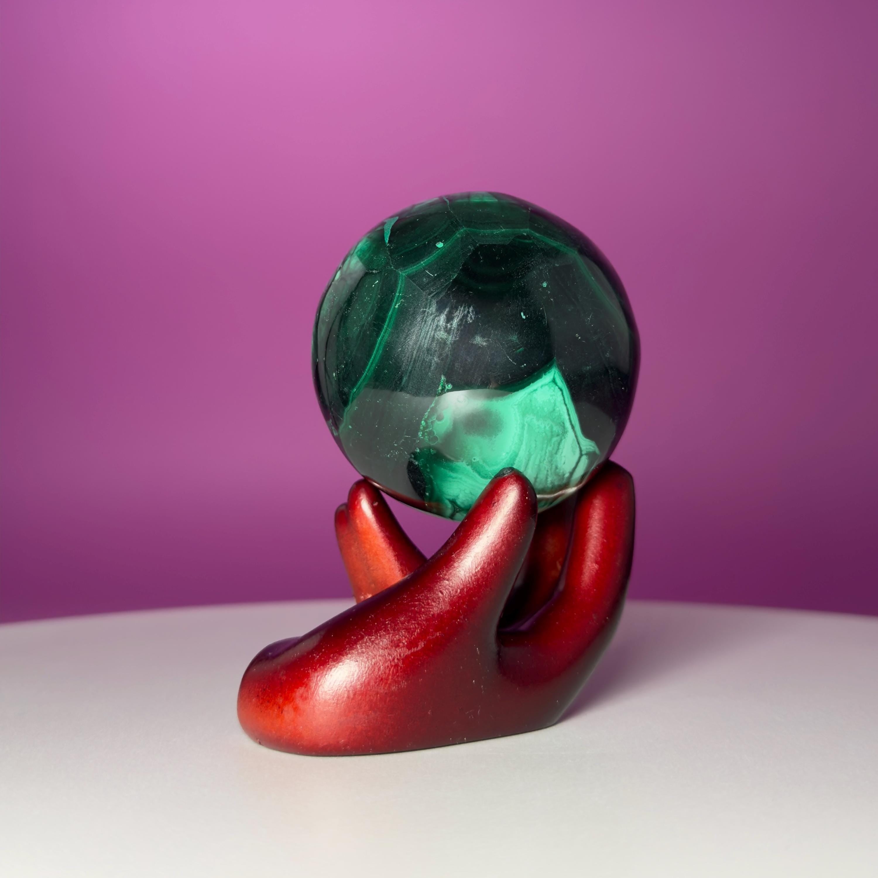 Malachite Crystal Sphere with Hand Stand – Natural Malachite Display