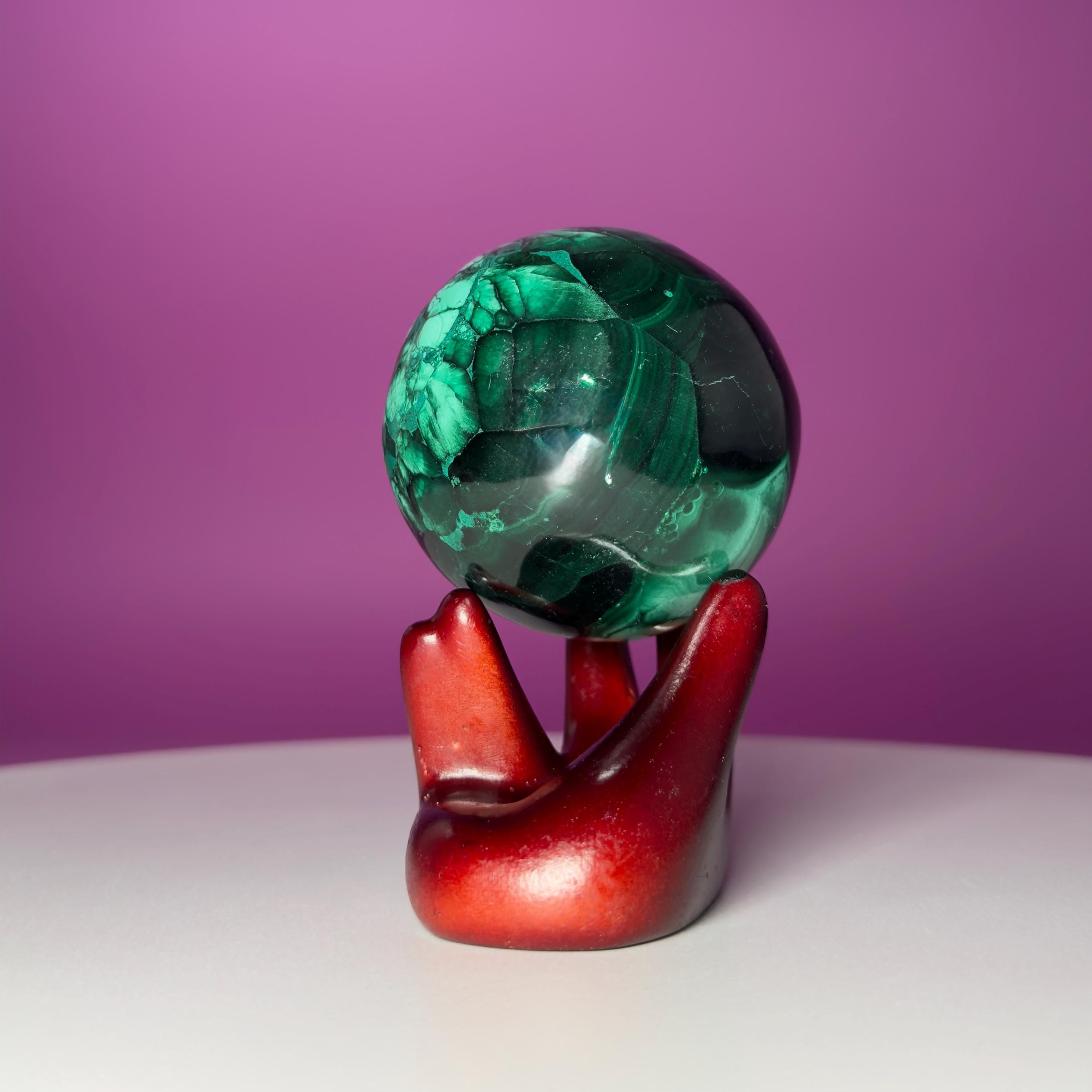 Malachite Crystal Sphere with Hand Stand – Natural Malachite Display
