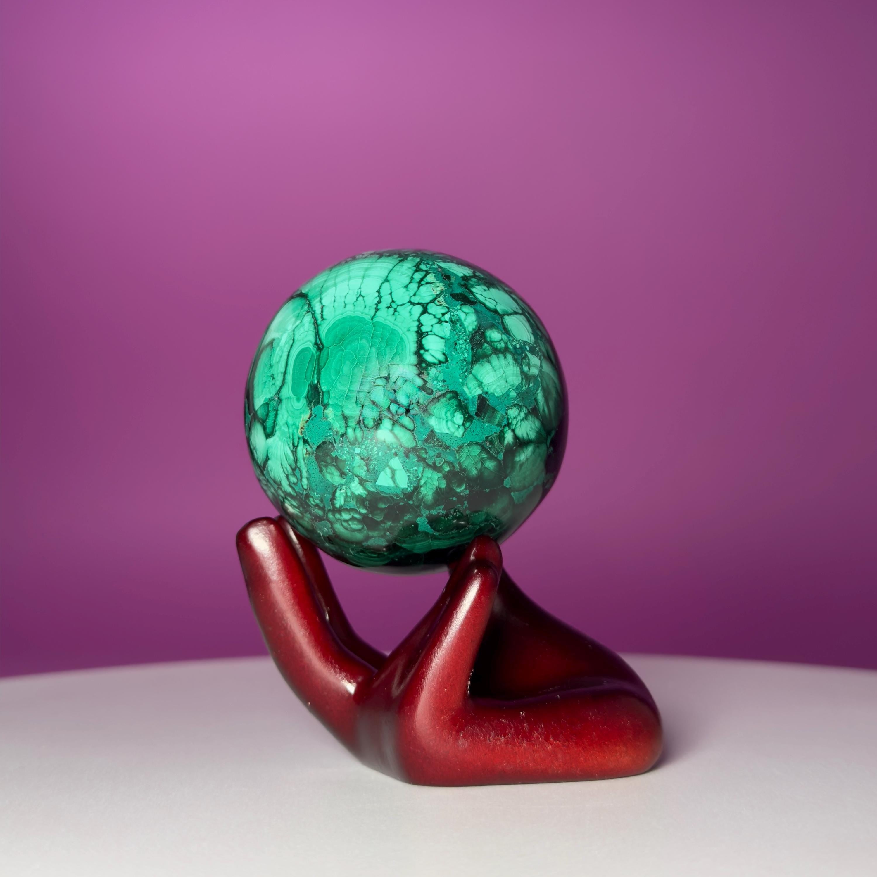 Malachite Crystal Sphere with Hand Stand – Natural Malachite Display