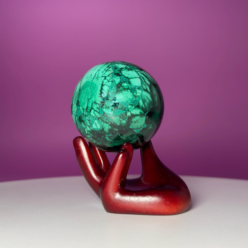 Malachite Crystal Sphere with Hand Stand – Natural Malachite Display