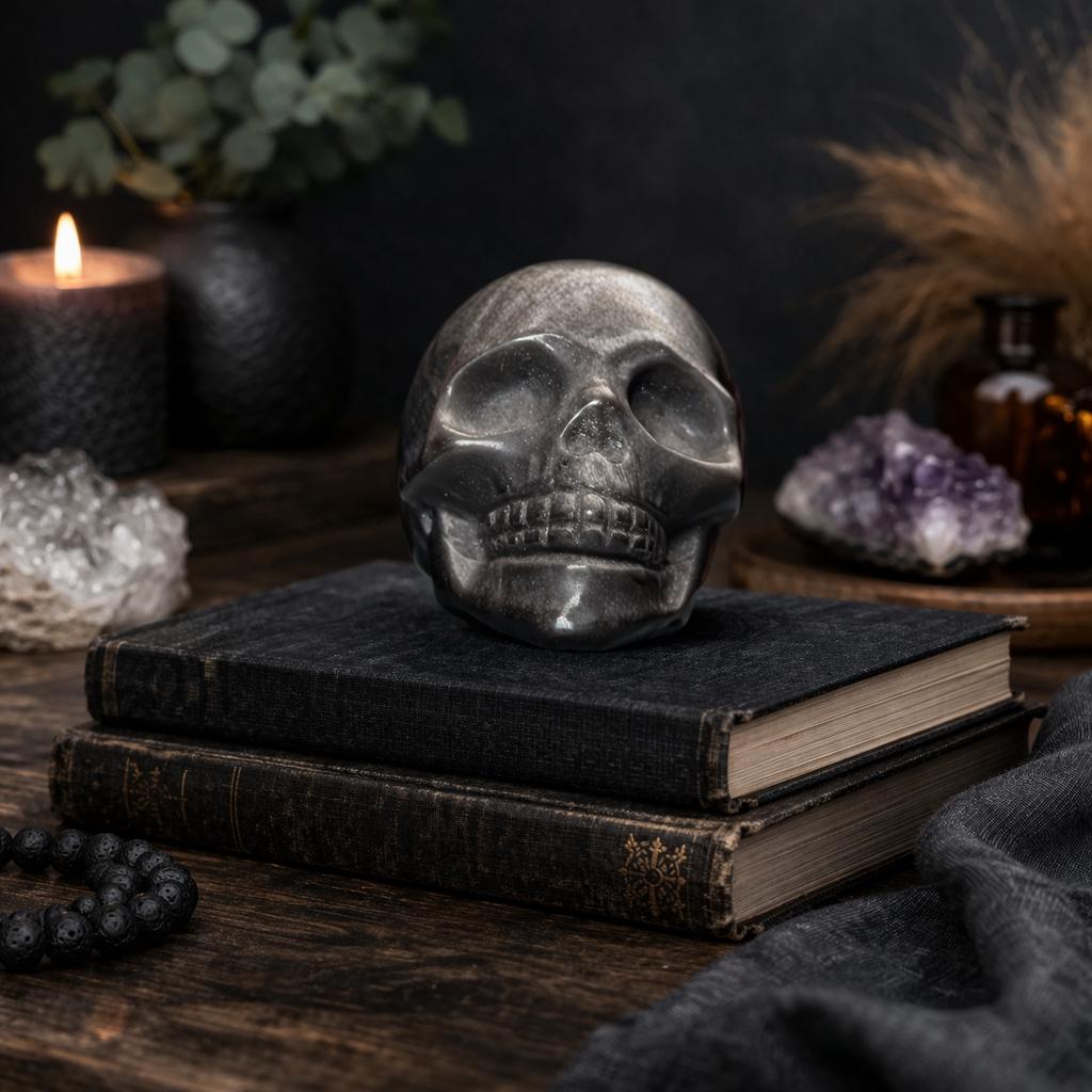 Silver Sheen Obsidian Skull Carving | Polished Crystal Skull for Protection & Grounding