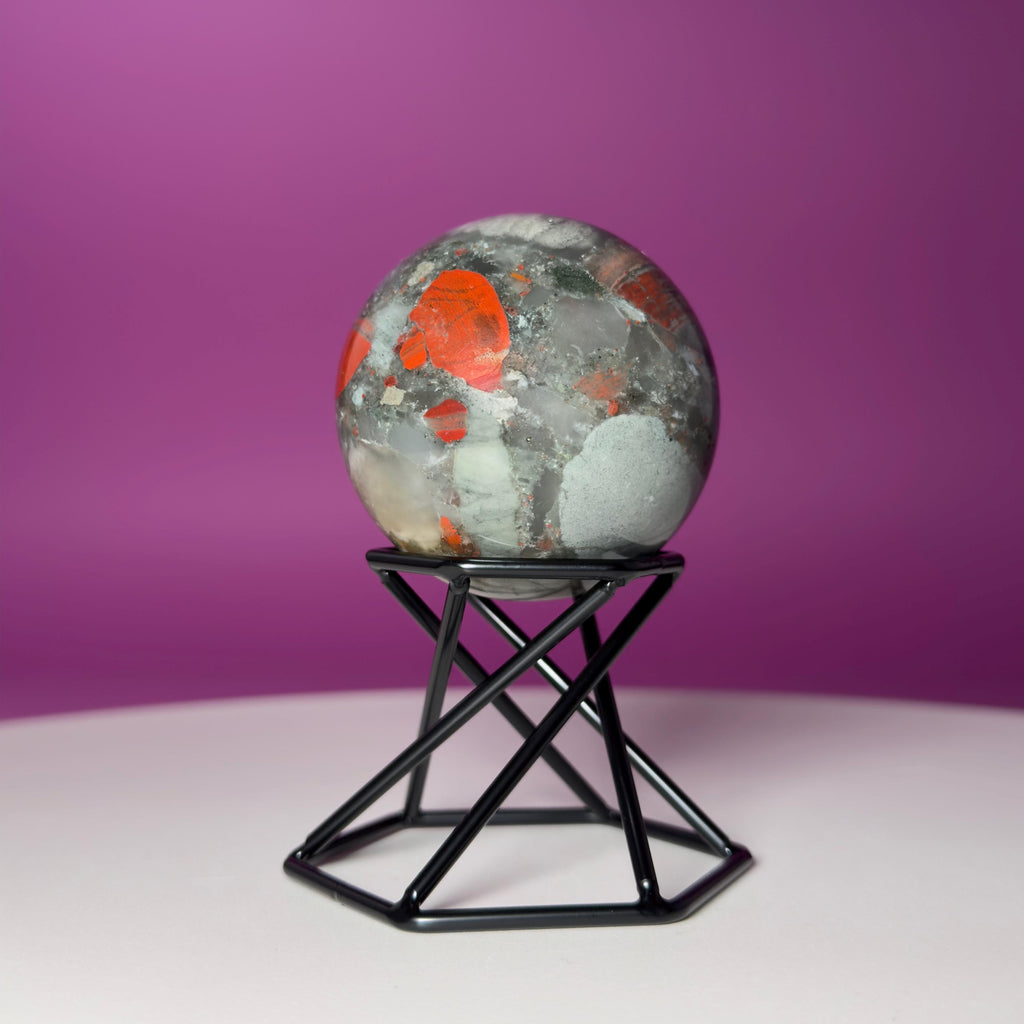Bloodstone Sphere with Black Metal Stand | Polished Crystal Sphere for Strength & Protection