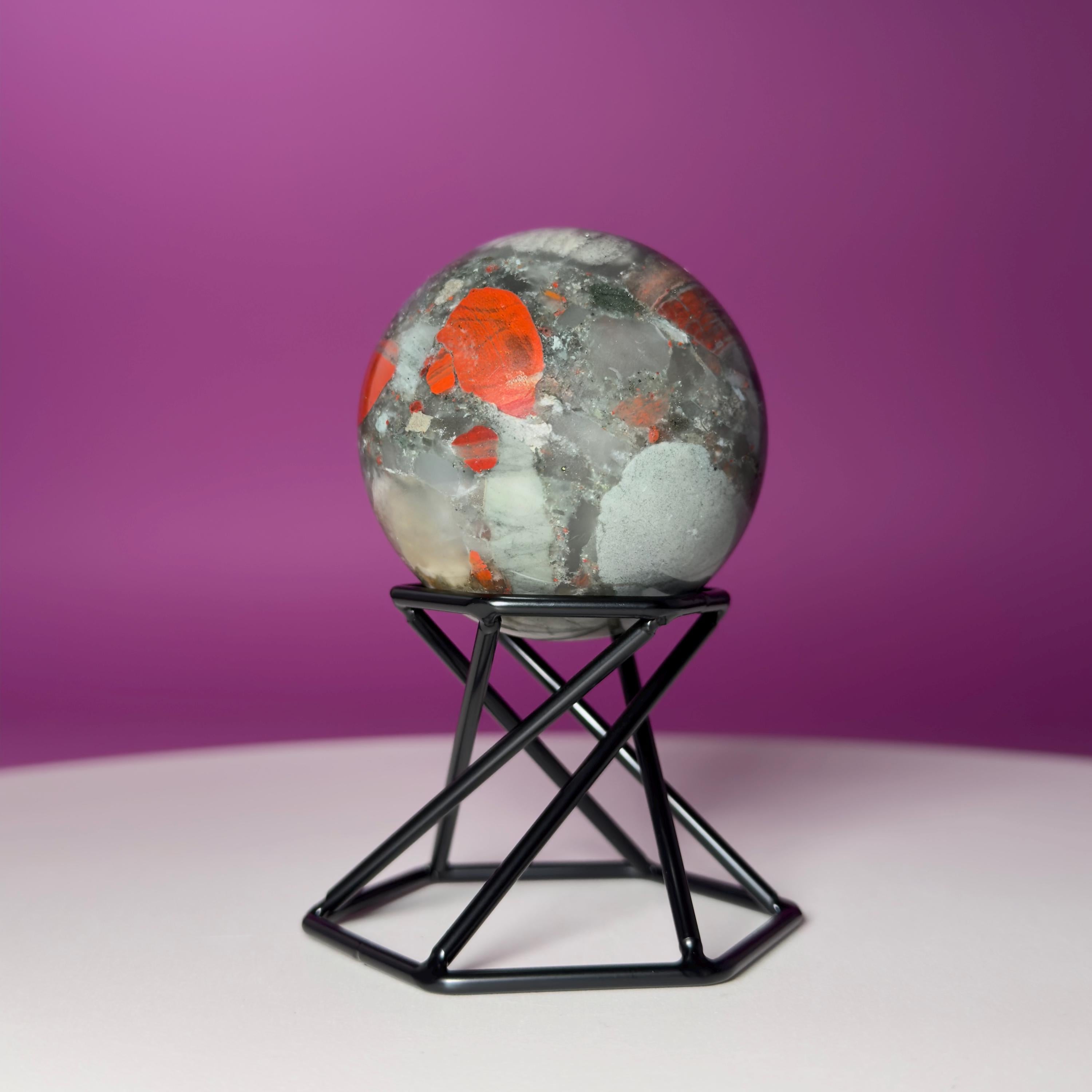 Bloodstone Sphere with Black Metal Stand | Polished Crystal Sphere for Strength & Protection
