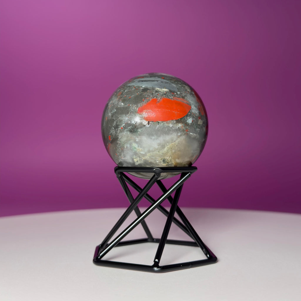 Bloodstone Sphere with Black Metal Stand | Polished Crystal Sphere for Strength & Protection