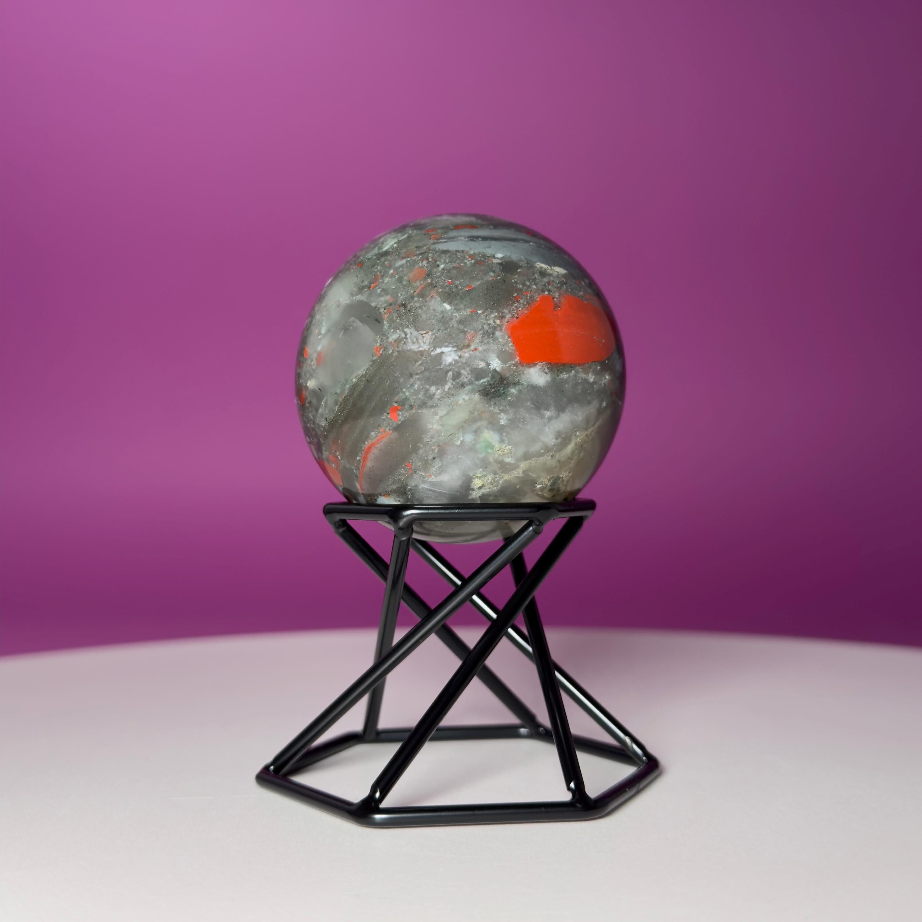 Bloodstone Sphere with Black Metal Stand | Polished Crystal Sphere for Strength & Protection