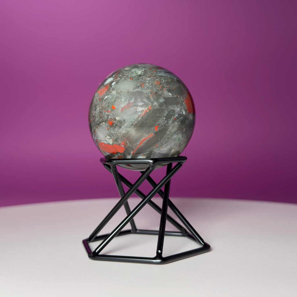 Bloodstone Sphere with Black Metal Stand | Polished Crystal Sphere for Strength & Protection