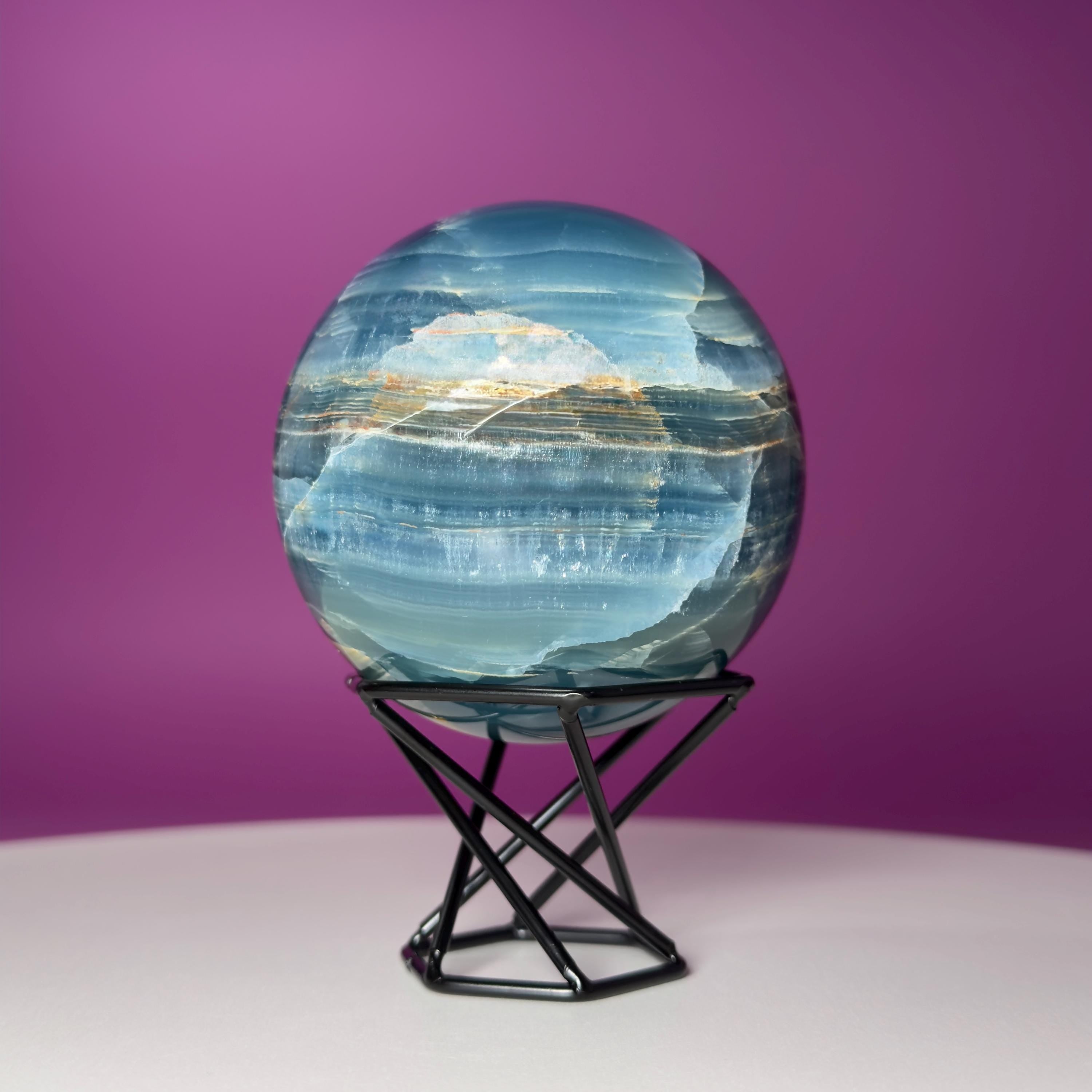 Blue Onyx Sphere with Stand – 596g Banded Crystal for Calm & Balance
