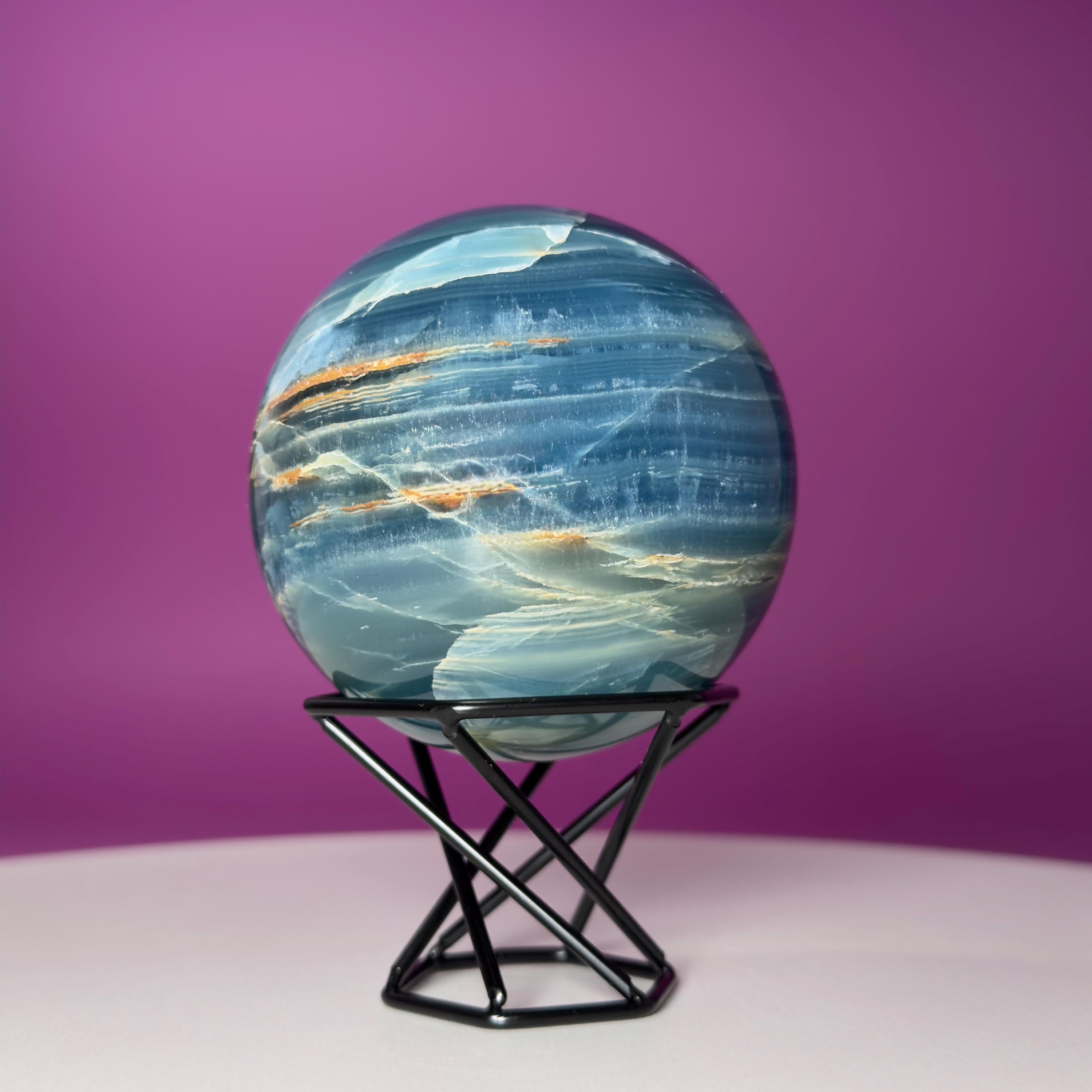 Blue Onyx Sphere with Stand – 596g Banded Crystal for Calm & Balance