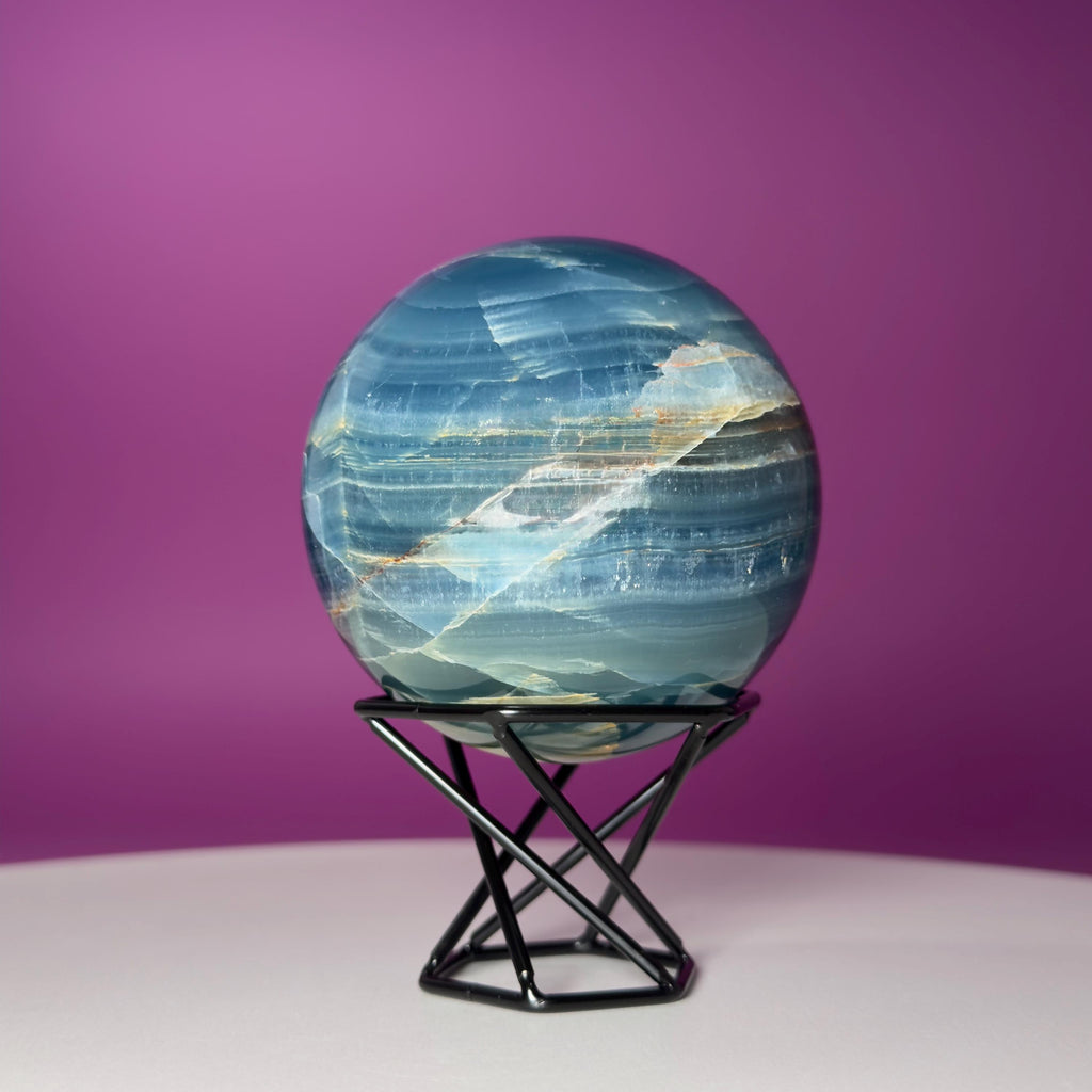 Blue Onyx Sphere with Stand – 596g Banded Crystal for Calm & Balance
