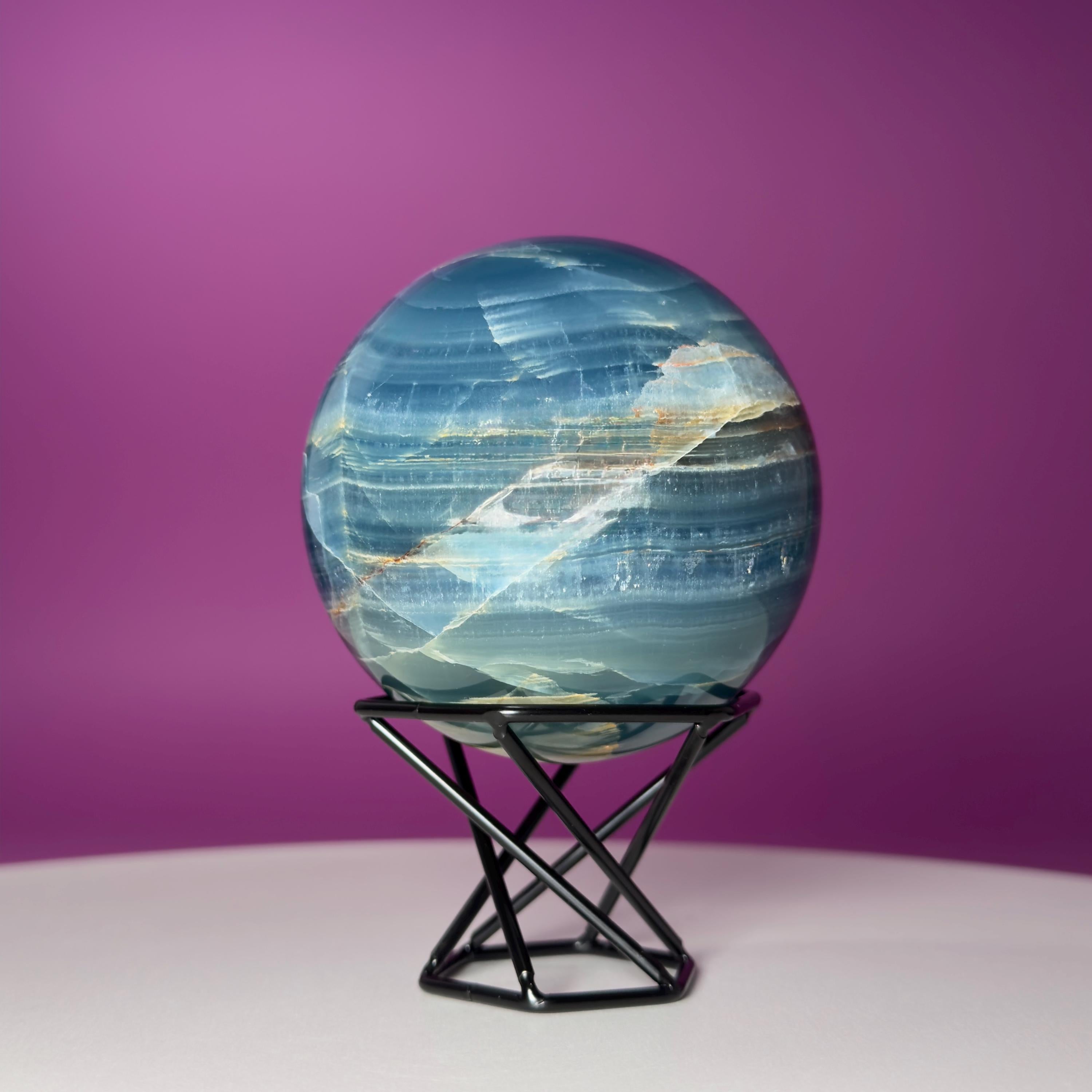 Blue Onyx Sphere with Stand – 596g Banded Crystal for Calm & Balance
