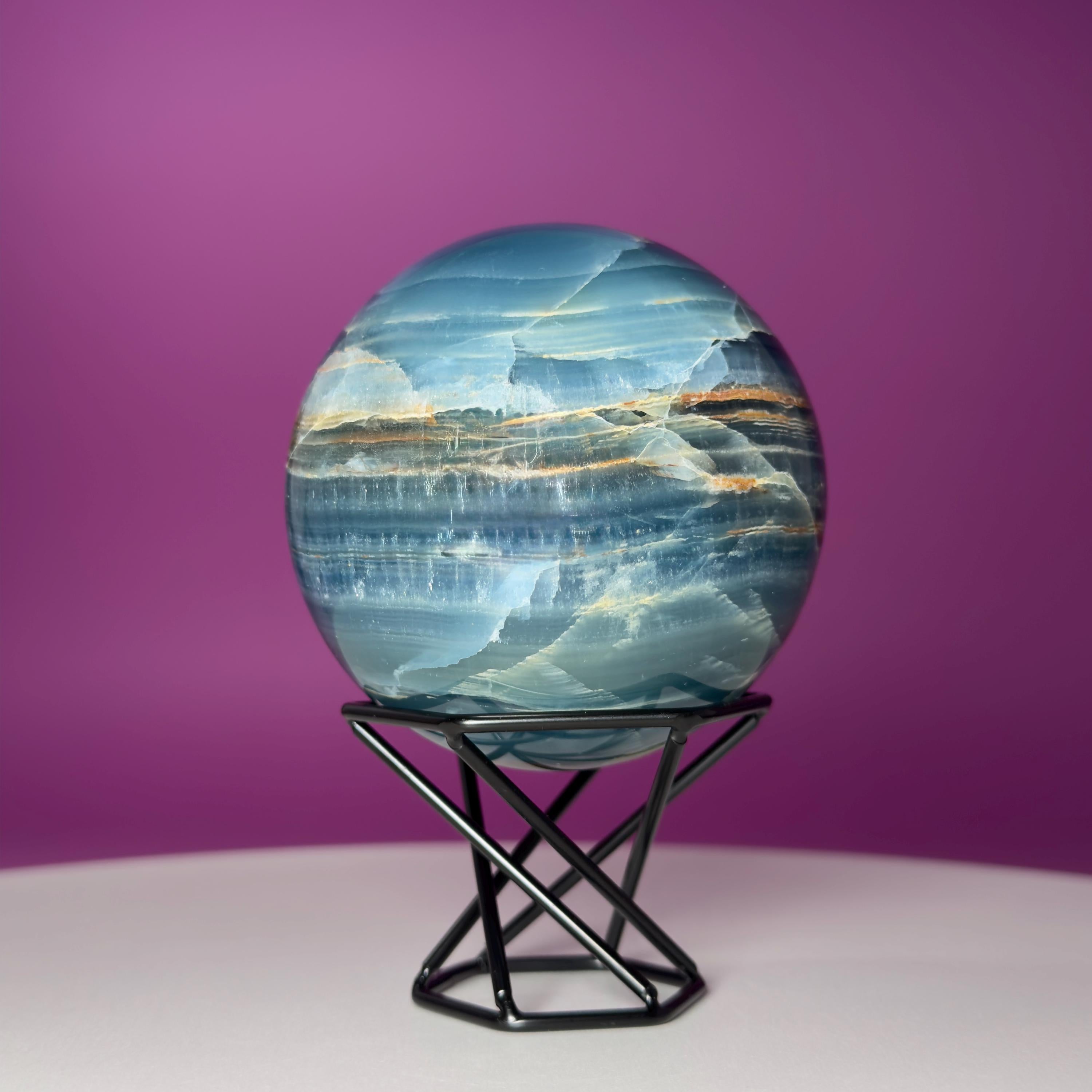 Blue Onyx Sphere with Stand – 596g Banded Crystal for Calm & Balance