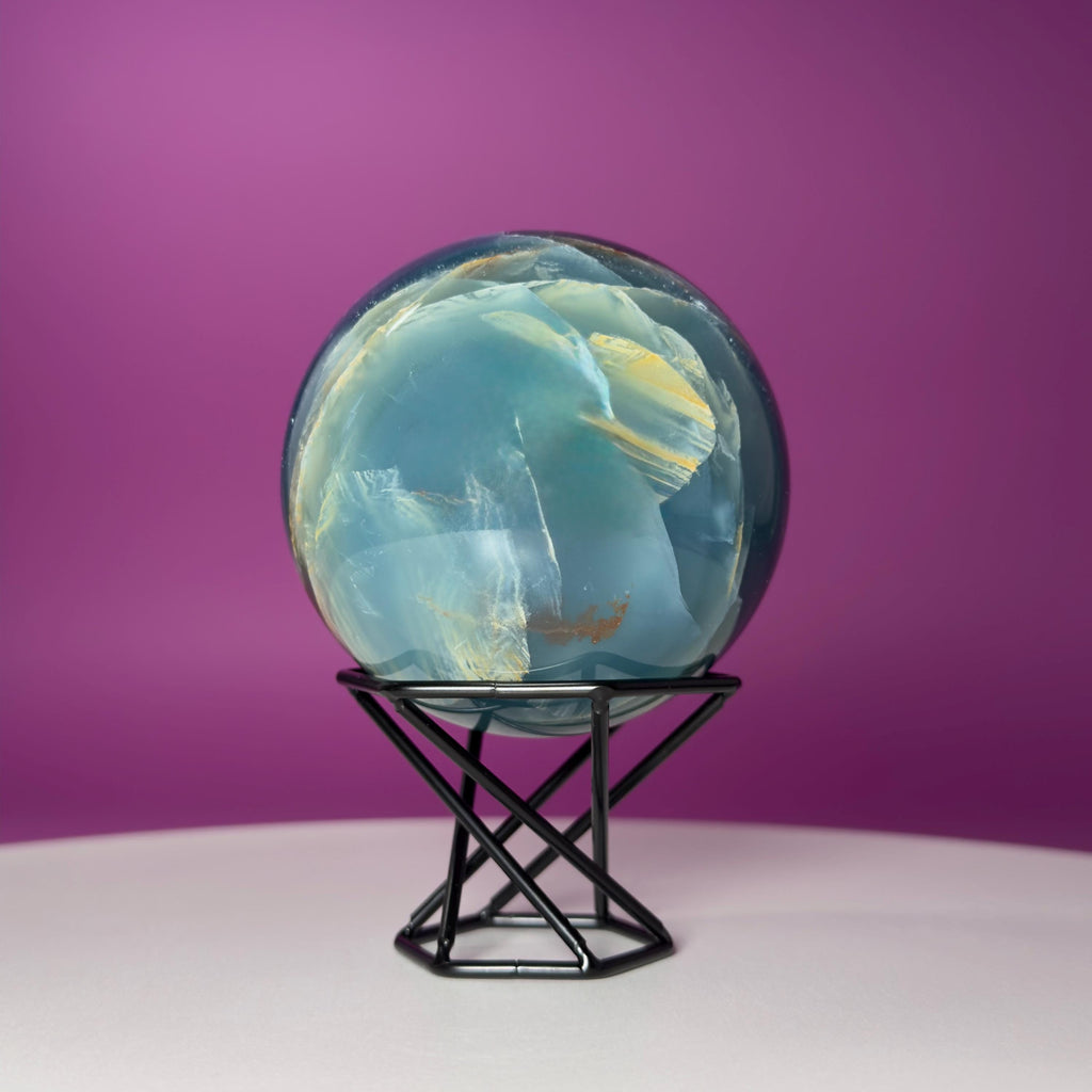 Blue Onyx Sphere with Stand – 596g Banded Crystal for Calm & Balance