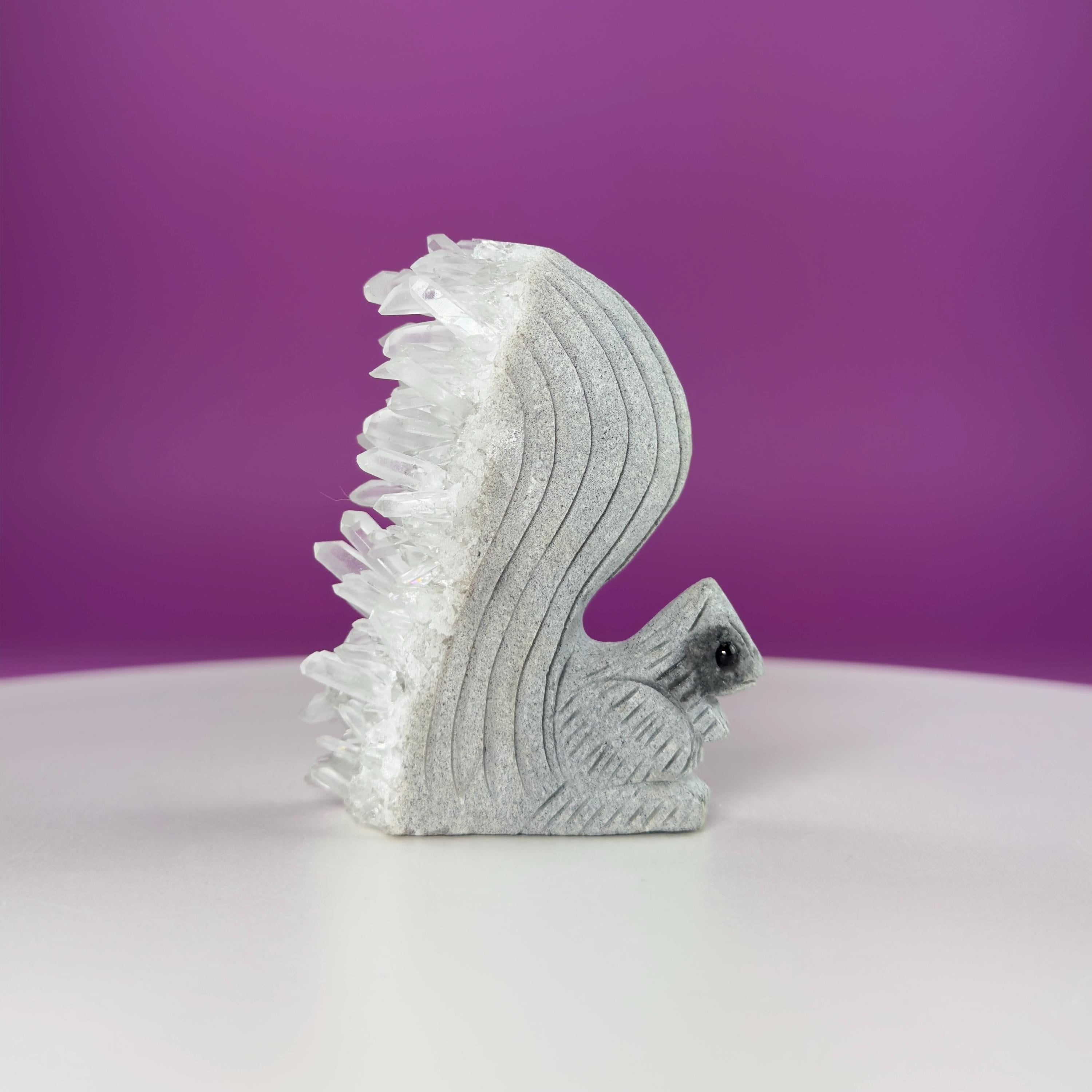 Quartz Squirrel Carving with Natural Crystal Points Tail – 138g Unique Animal Crystal
