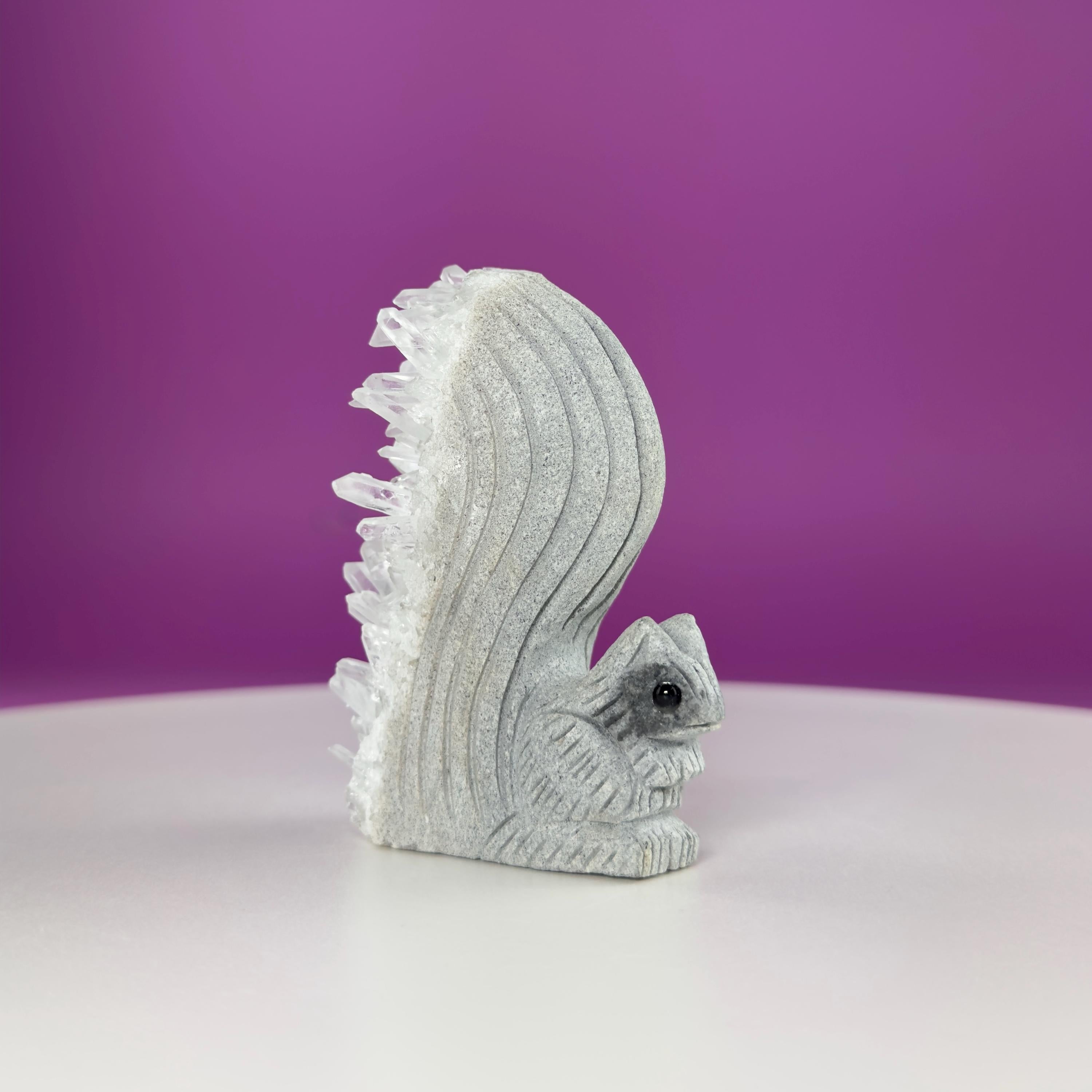 Quartz Squirrel Carving with Natural Crystal Points Tail – 138g Unique Animal Crystal