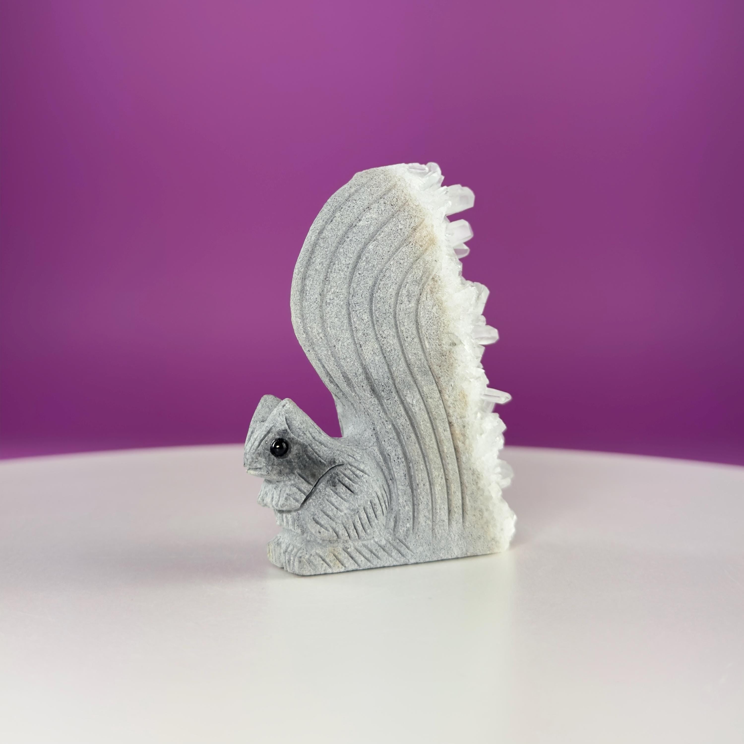 Quartz Squirrel Carving with Natural Crystal Points Tail – 138g Unique Animal Crystal
