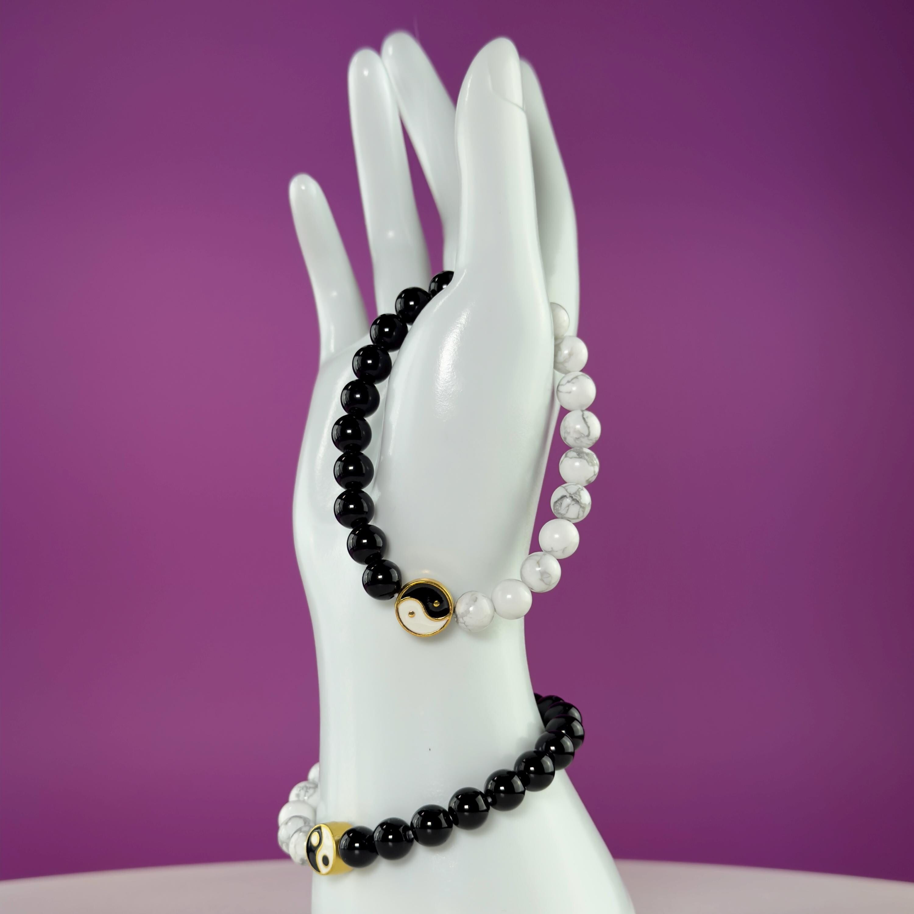 Howlite Black Obsidian Bracelet Yin Yang 8mm Balance Stone Stretch Beaded Bracelet