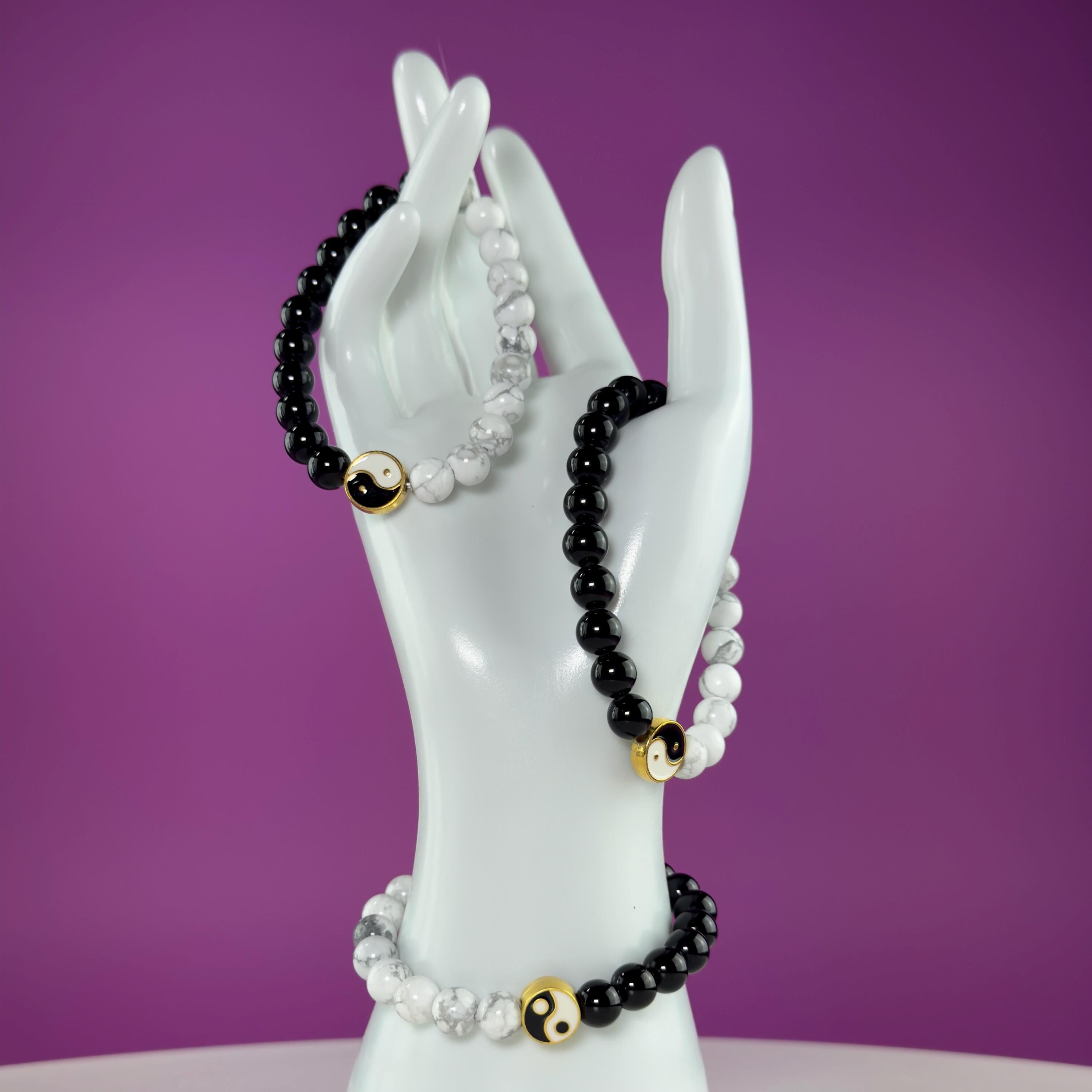 Howlite Black Obsidian Bracelet Yin Yang 8mm Balance Stone Stretch Beaded Bracelet
