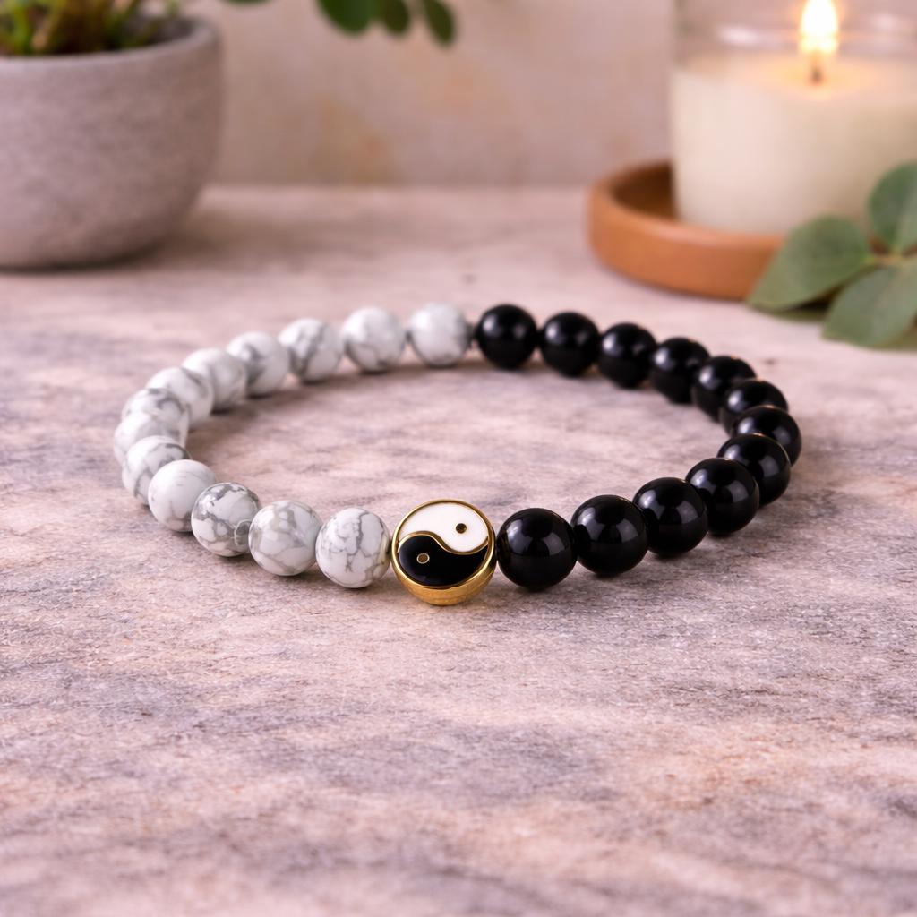 Howlite Black Obsidian Bracelet Yin Yang 8mm Balance Stone Stretch Beaded Bracelet