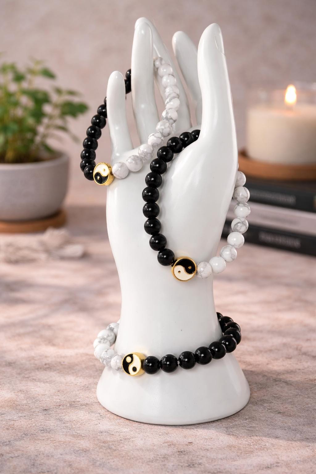 Howlite Black Obsidian Bracelet Yin Yang 8mm Balance Stone Stretch Beaded Bracelet