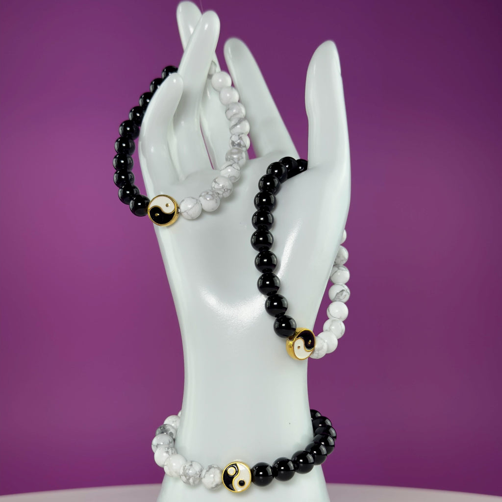 Howlite Black Obsidian Bracelet Yin Yang 8mm Balance Stone Stretch Beaded Bracelet