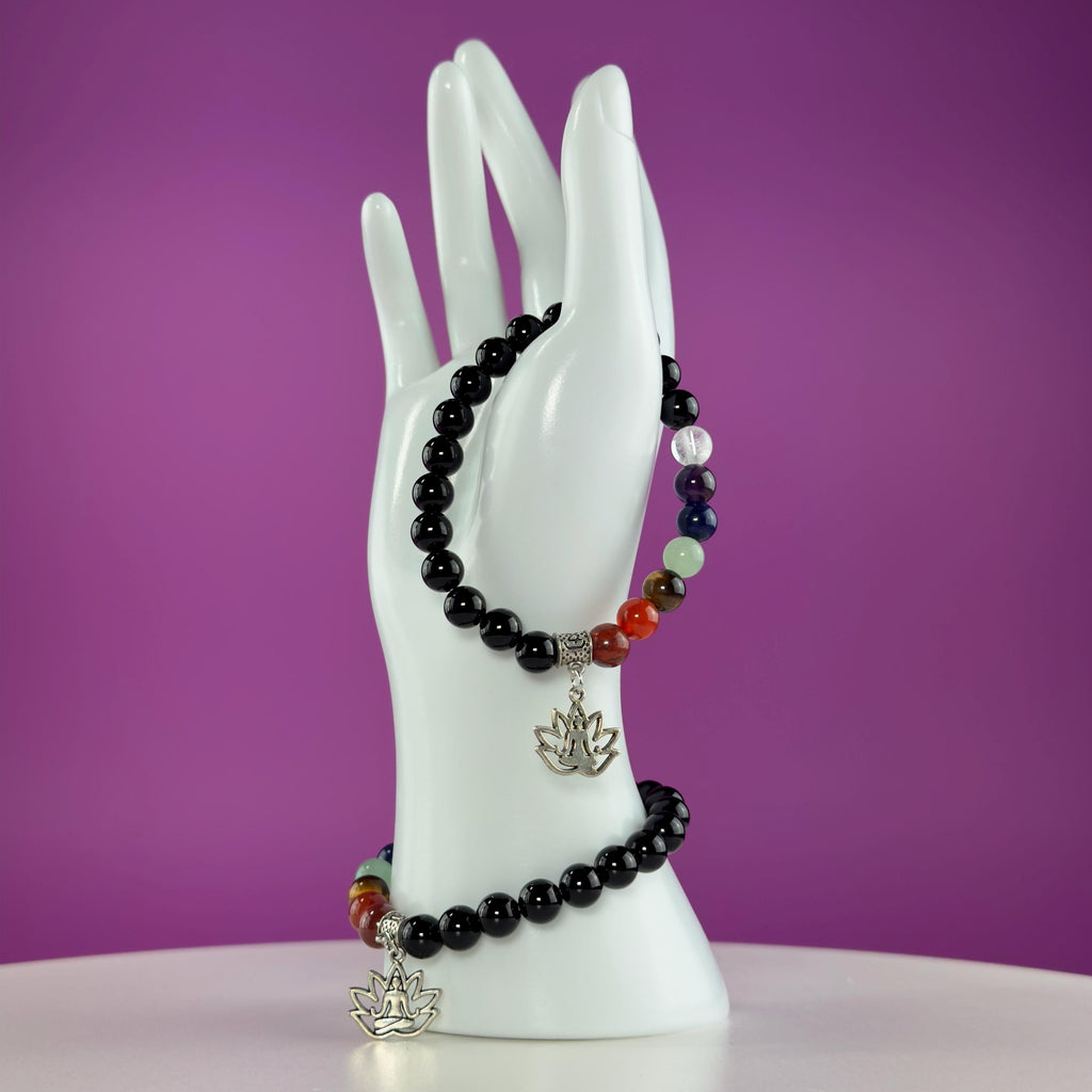 Black Obsidian 7 Chakra Bracelet 8mm | Healing Crystal Lotus Charm Bracelet