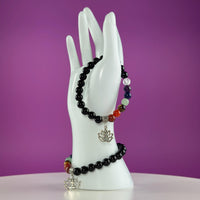 Black Obsidian 7 Chakra Bracelet 8mm | Healing Crystal Lotus Charm Bracelet