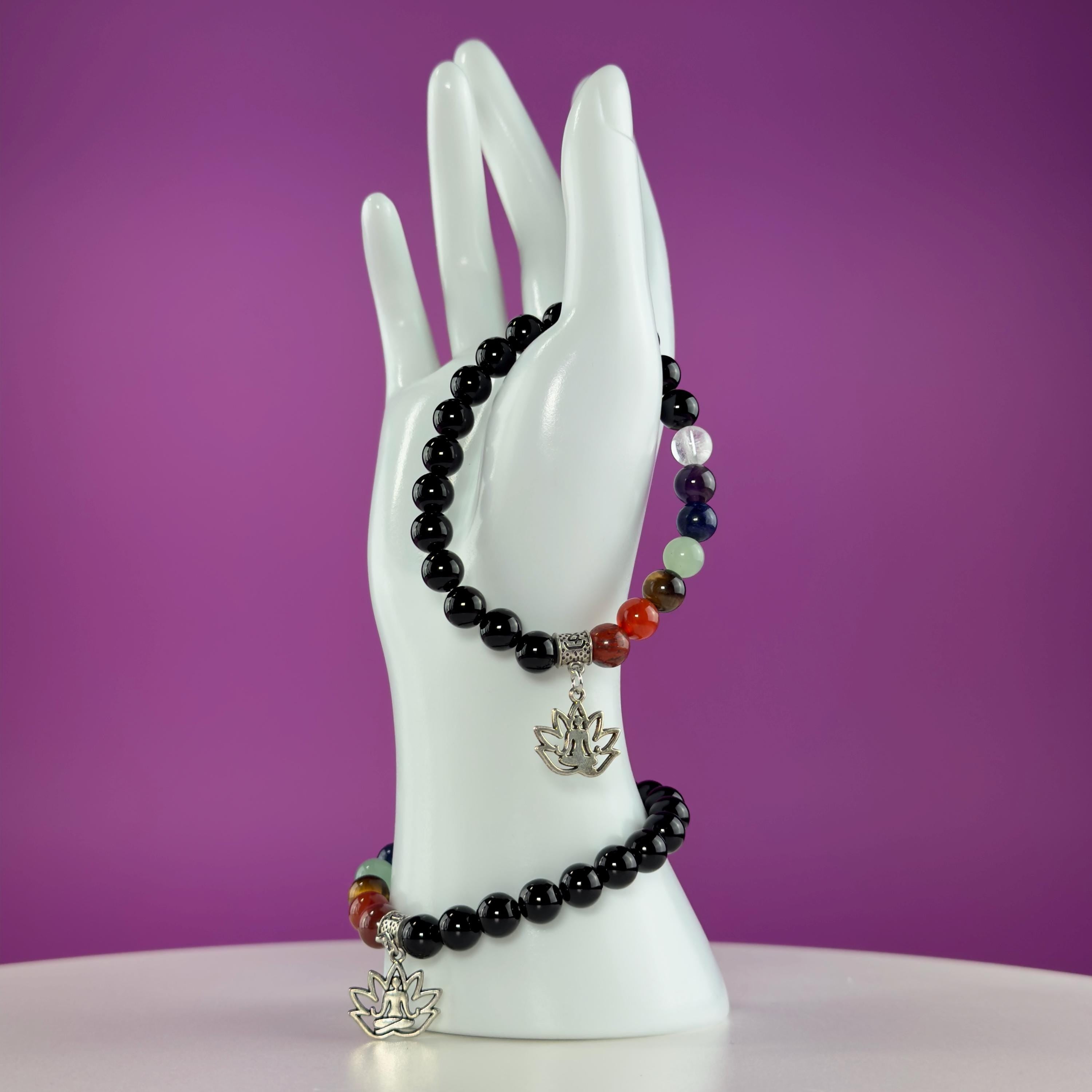 Black Obsidian 7 Chakra Bracelet 8mm | Healing Crystal Lotus Charm Bracelet