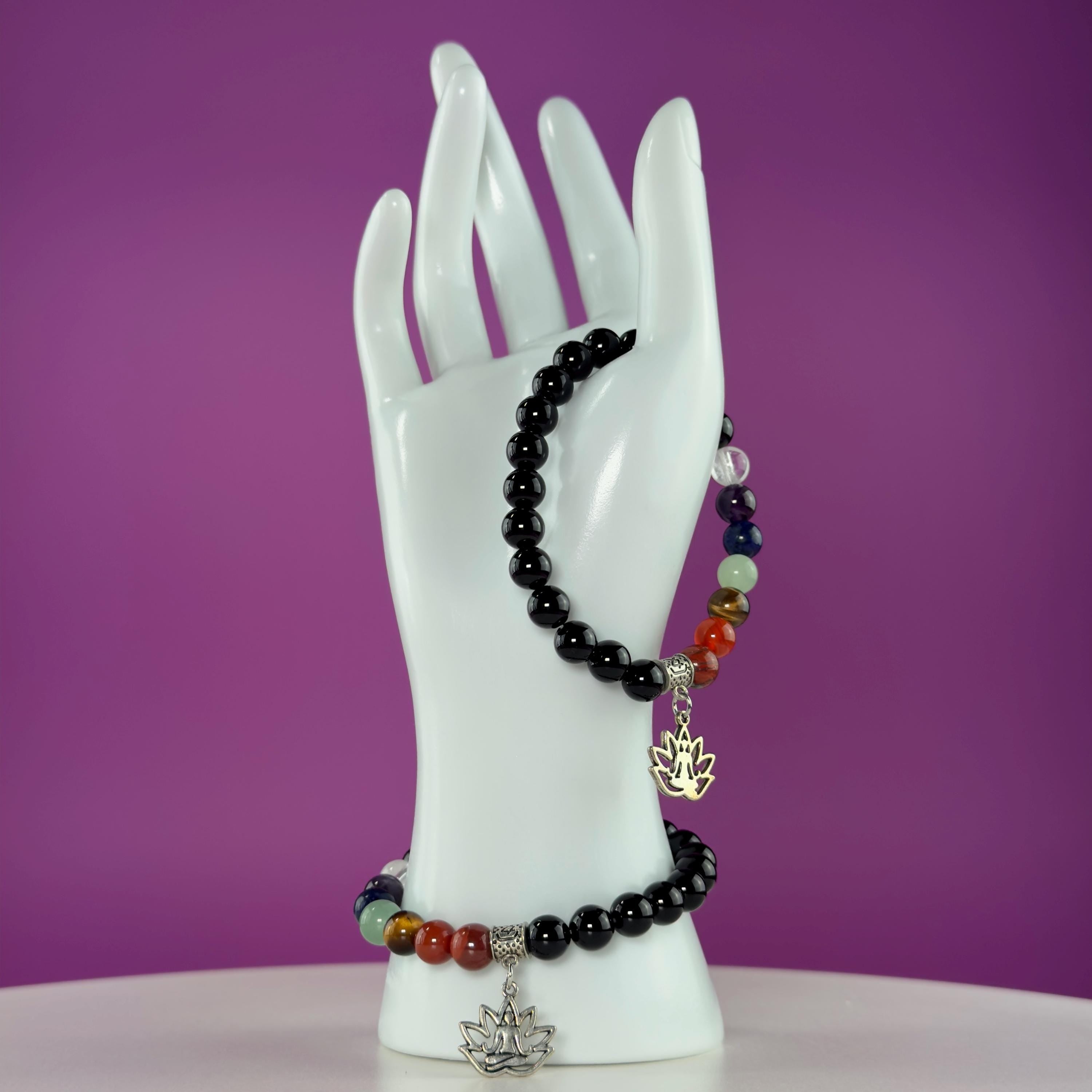 Black Obsidian 7 Chakra Bracelet 8mm | Healing Crystal Lotus Charm Bracelet