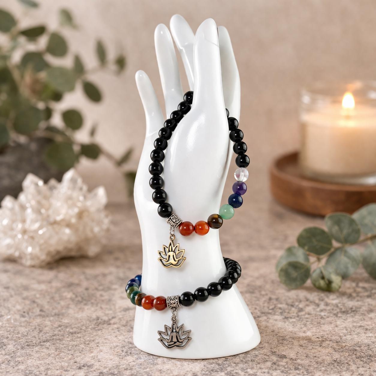 Black Obsidian 7 Chakra Bracelet 8mm | Healing Crystal Lotus Charm Bracelet